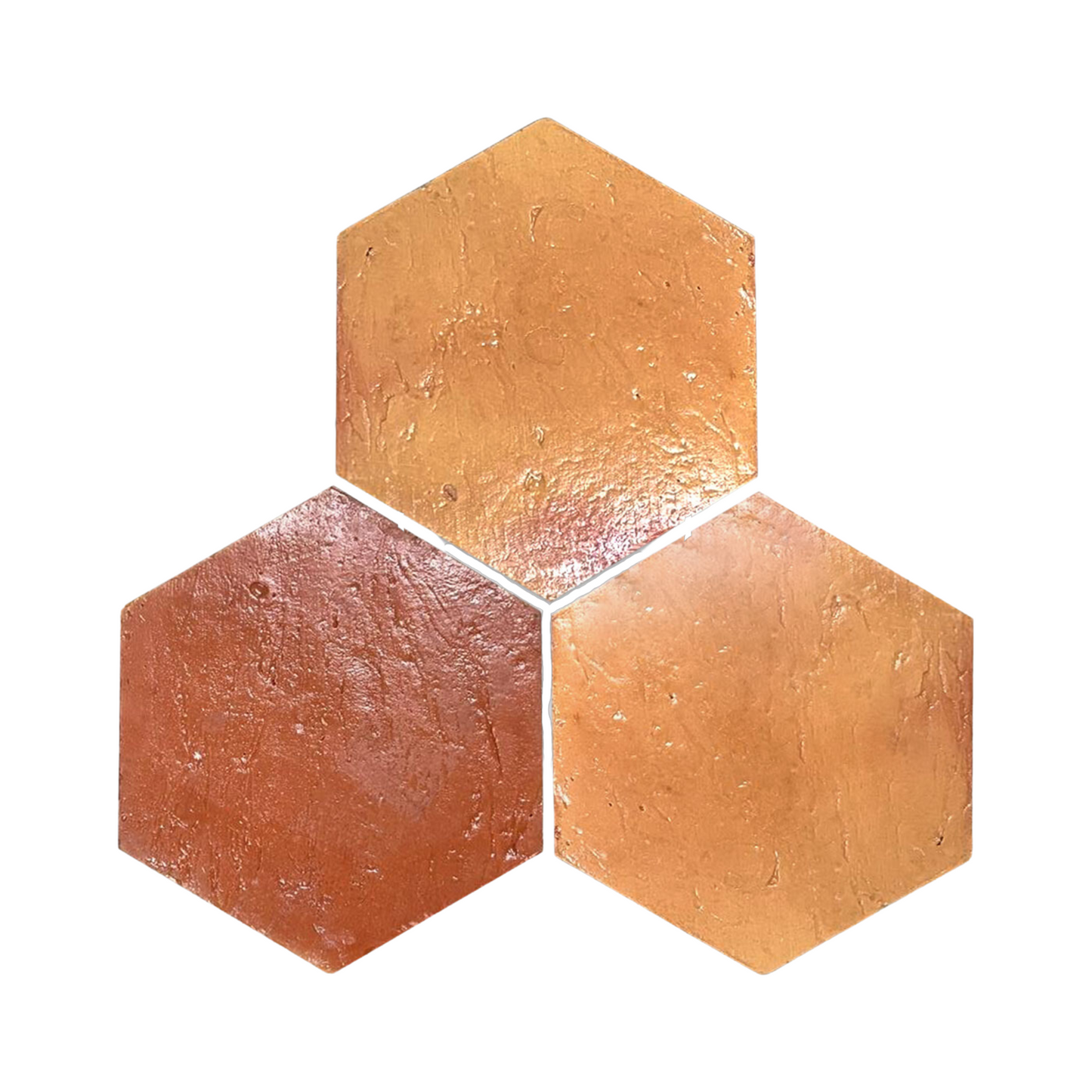 Three Hexagon Antique Gloss 8 Sample tiles by Clay Imports Saltillo Tile in varying orange and reddish-brown shades with a glossy, textured finish.
