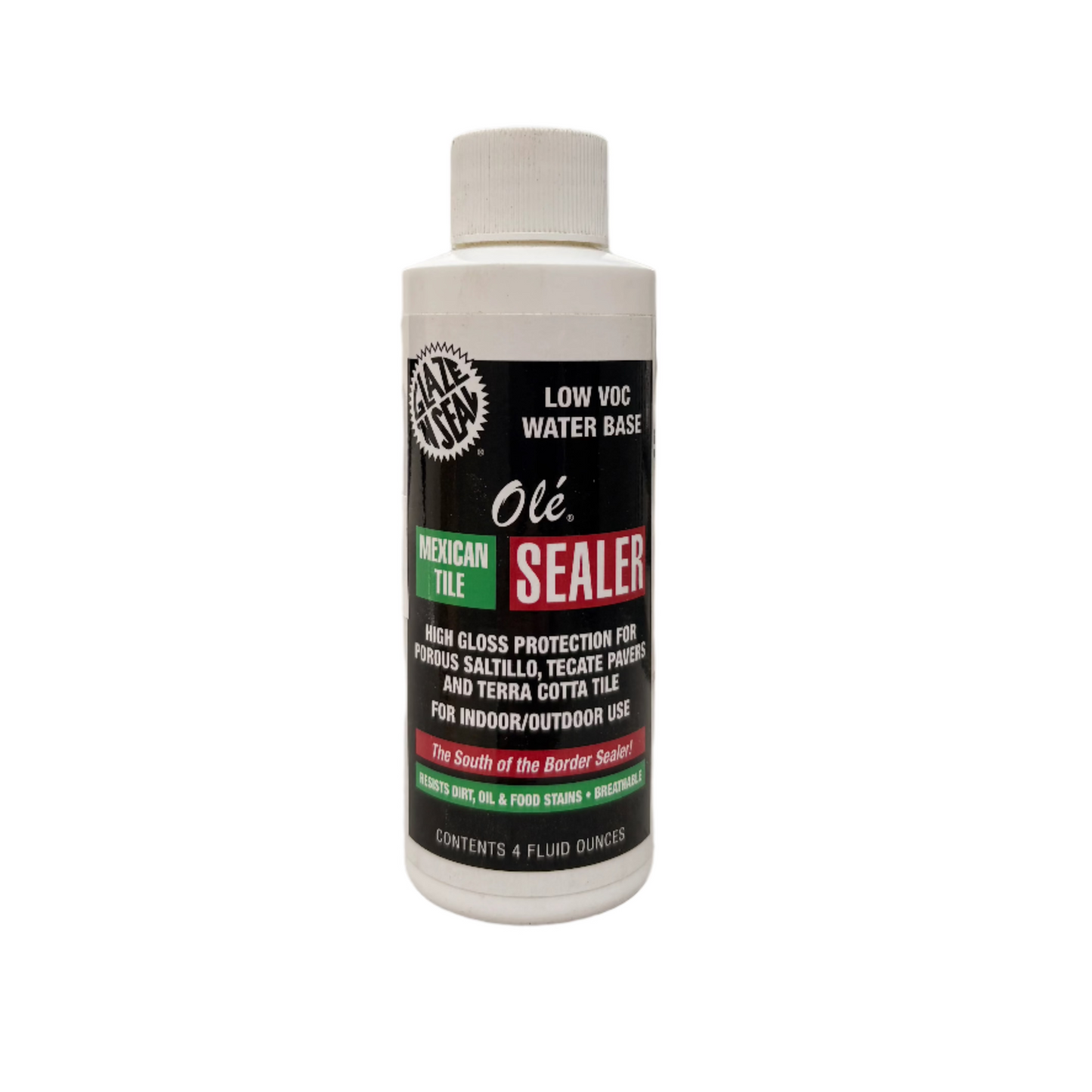 Terracotta High-Gloss Sealer by Clay Imports, a white bottle with black and green "Olé Mexican Tile Sealer" label, Low VOC Water Base.