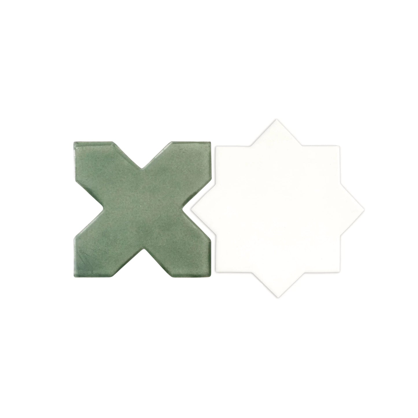 Textured green T-shirt Cross and smooth white Meadow Star sample tiles by Clay Imports, displayed side by side.