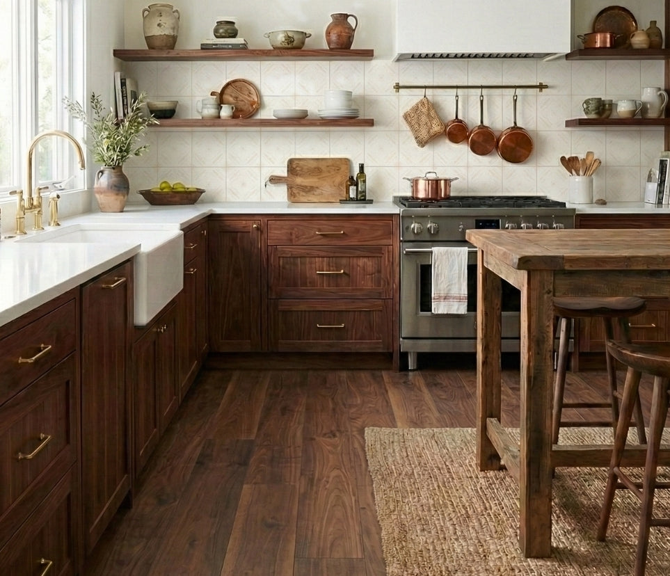 Cream patterned tile bundle from Clay Imports, forming a kitchen backsplash above dark wood cabinets and a golden faucet.