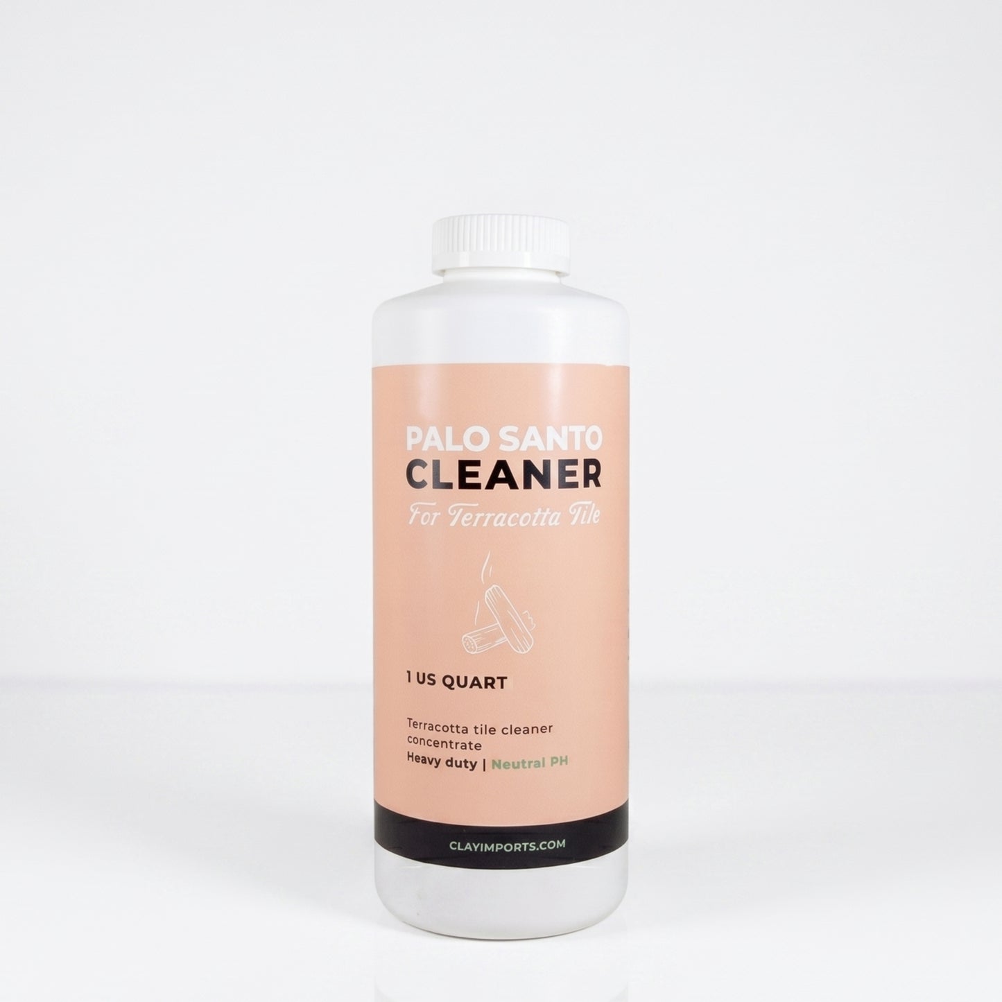 White bottle of Palo Santo Cleaner Concentrate by Clay Imports, with a peach label, terracotta tile text, and palo santo graphic.