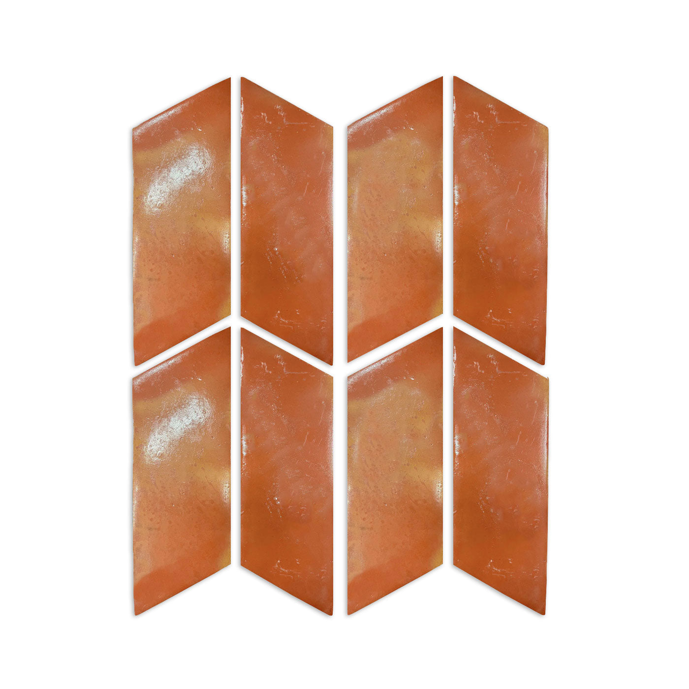 Orange parallelogram tile sample with smooth gloss finish by Clay Imports, arranged in a vertical chevron pattern.