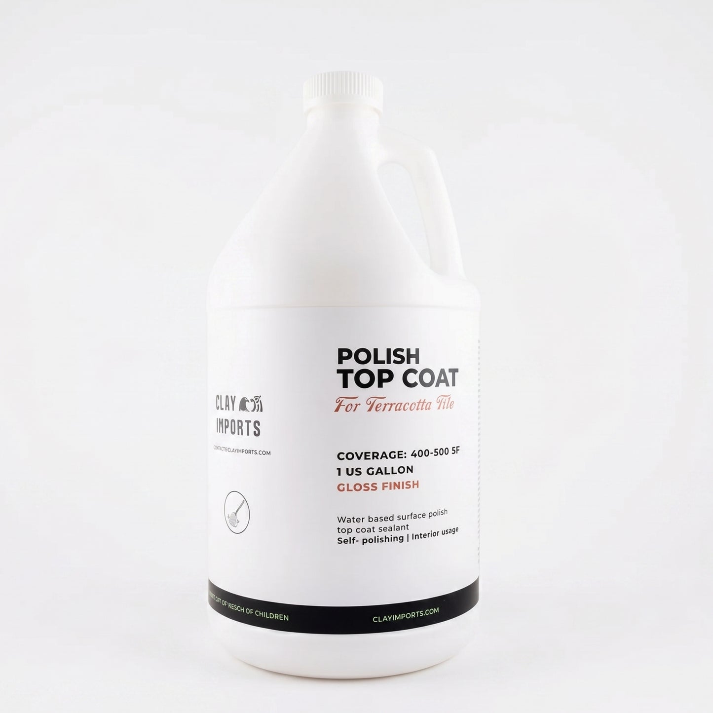 Gloss finish Polish Top Coat Sealer by Clay Imports in a white gallon jug, with a black label showing 'For Terracotta Tile'.