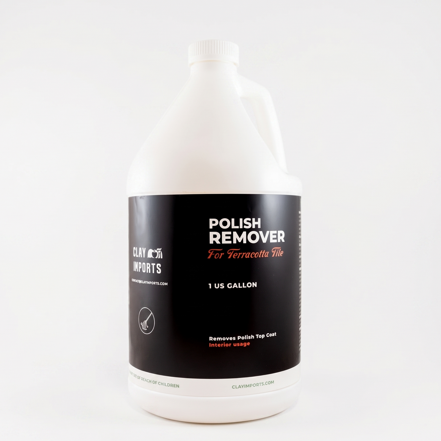 White 1 US gallon Polish Top Coat Remover jug by Clay Imports with a black label, white and orange text, and a handle.