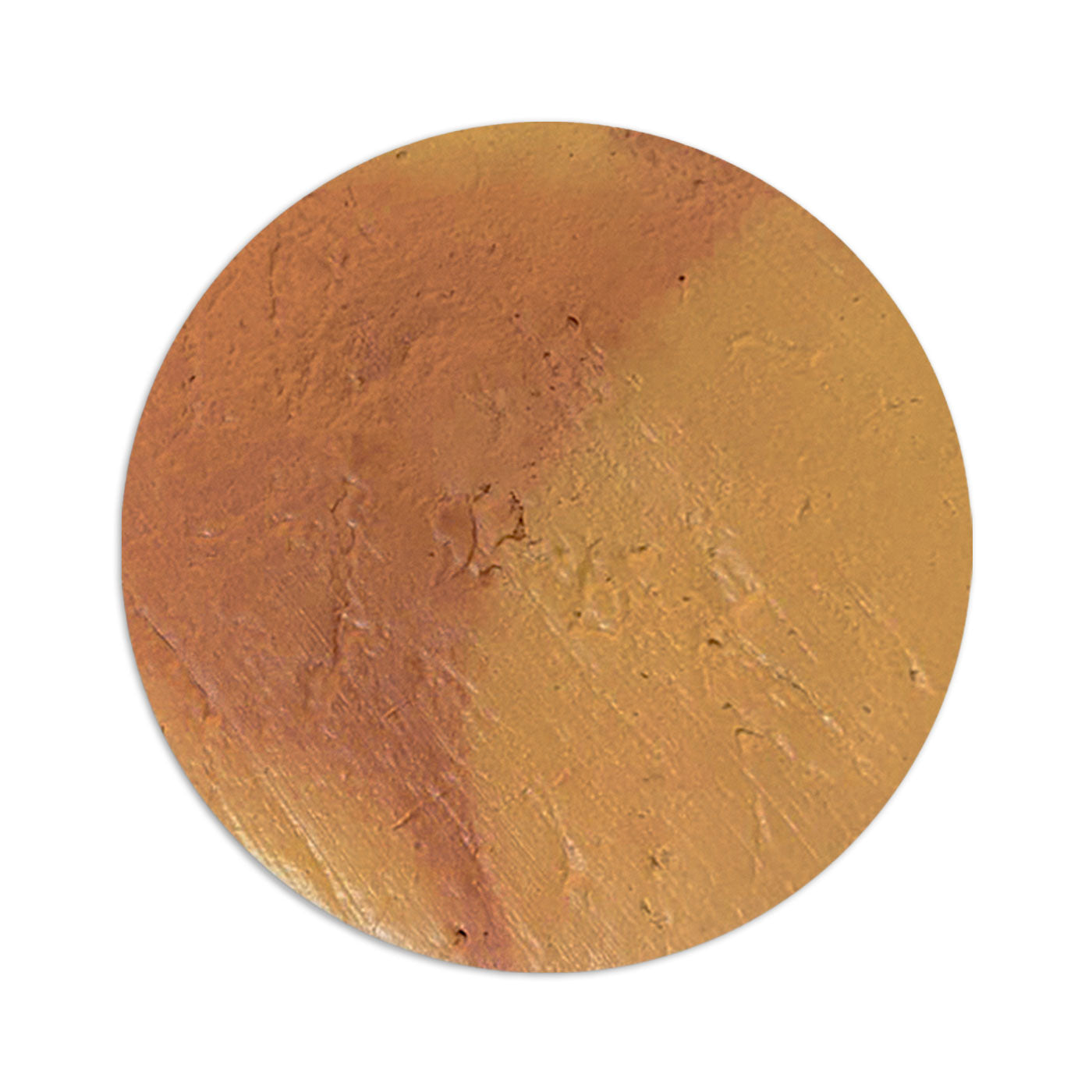 Texas Penny Antique Satin sample tile by Clay Imports, a textured circle in earthy orange and golden brown.