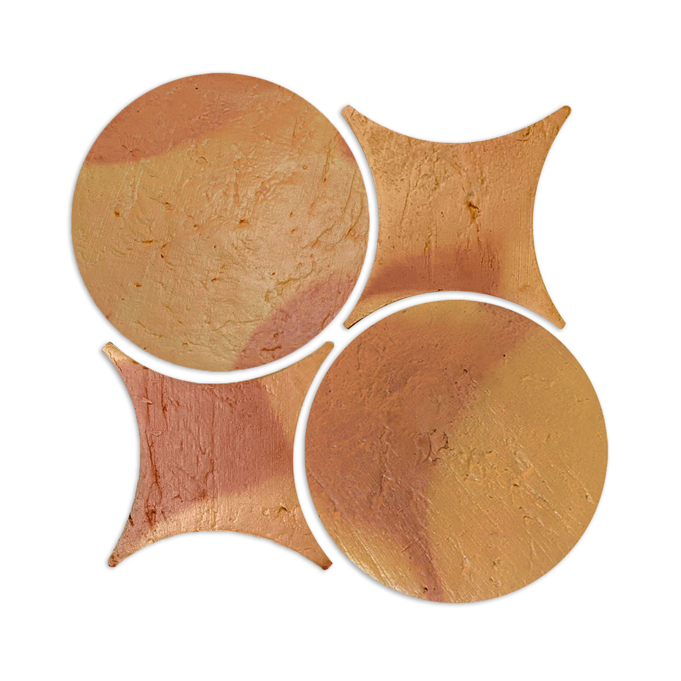Earthy-toned, textured clay decorative tile sample by Clay Imports, featuring two circles and two rombo shapes with reddish streaks.