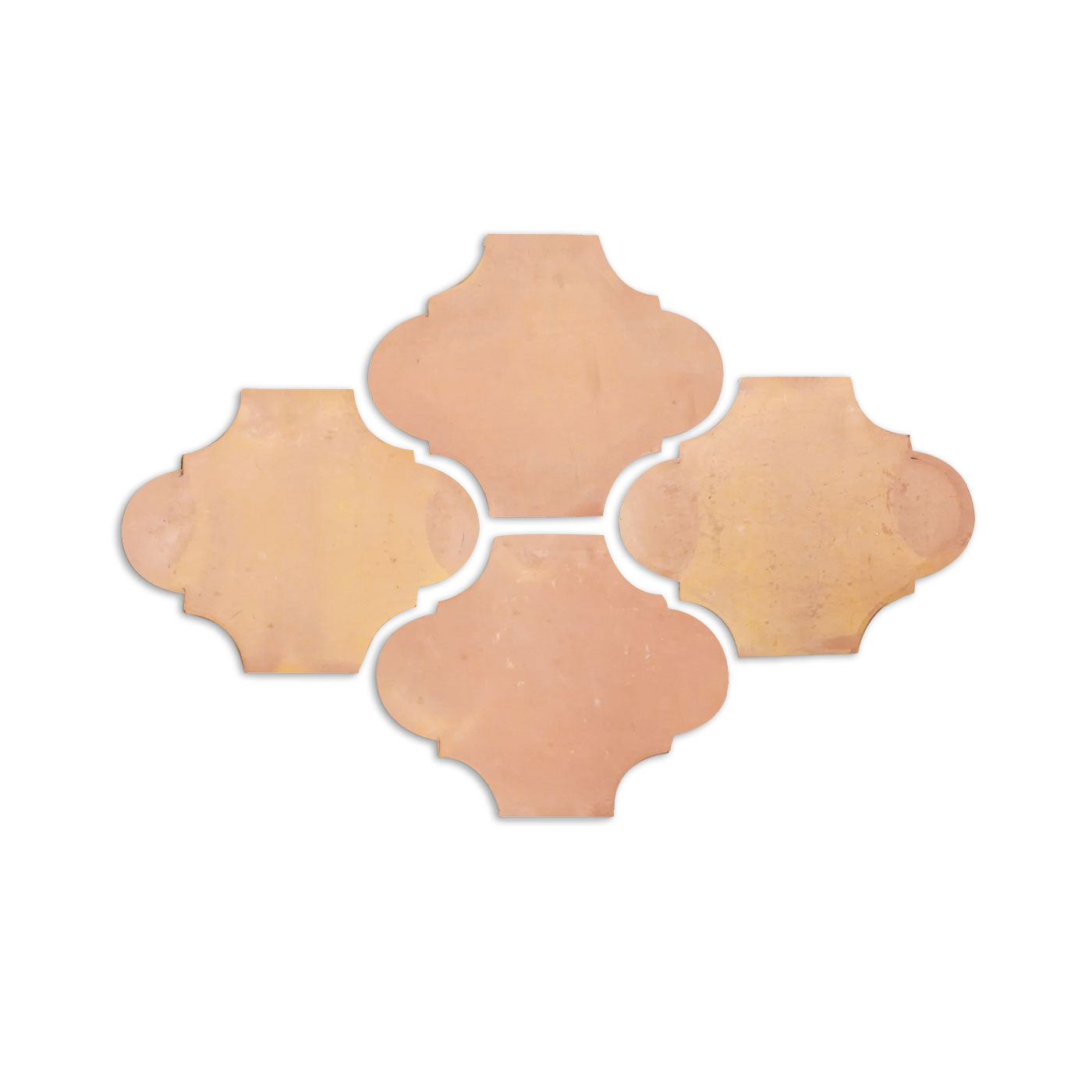 Smooth matte terracotta sample tiles by Clay Imports, featuring an ornate quatrefoil shape, arranged on white.