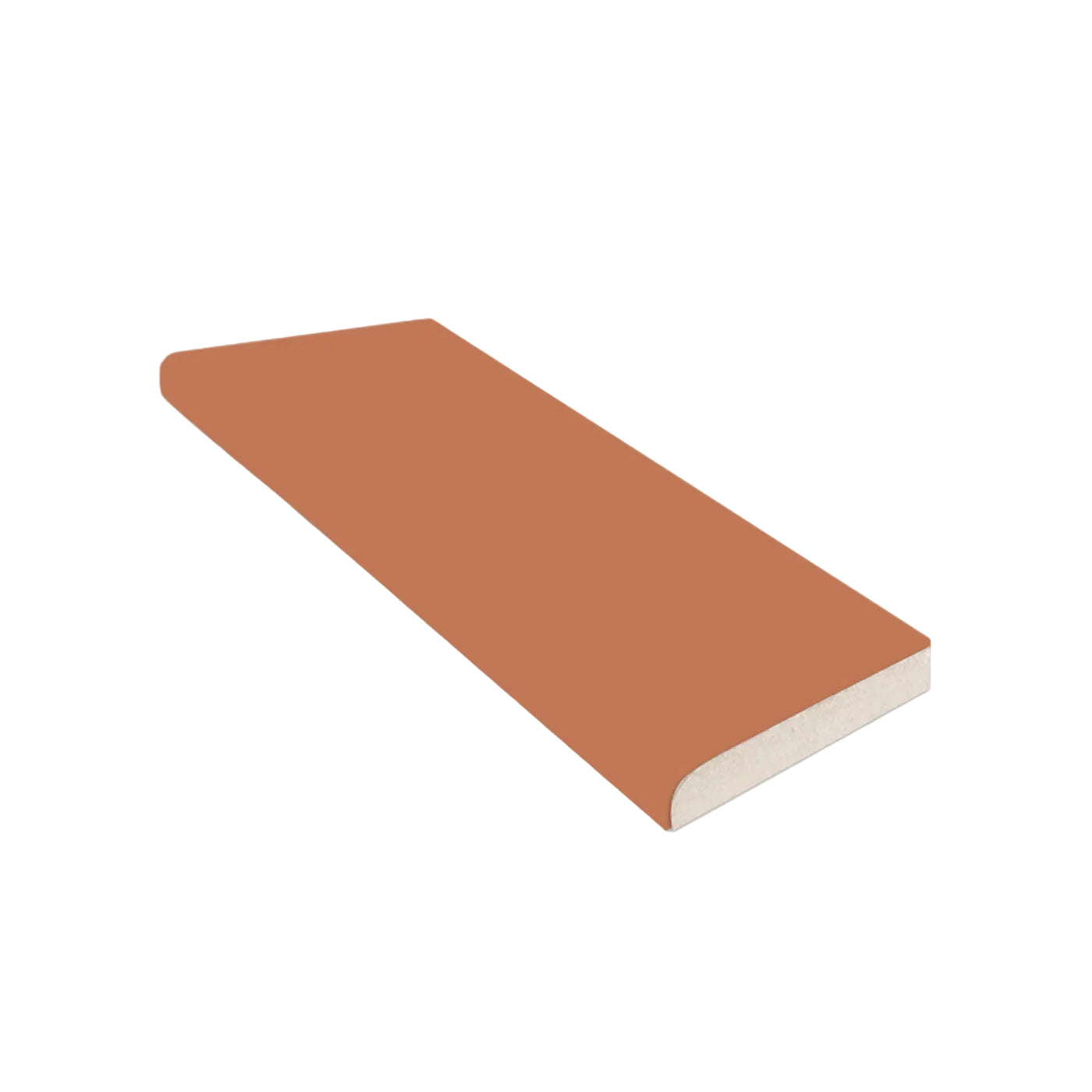 Terracotta single bullnose solid tile trim by Clay Imports, angled, with one rounded edge and visible light core.