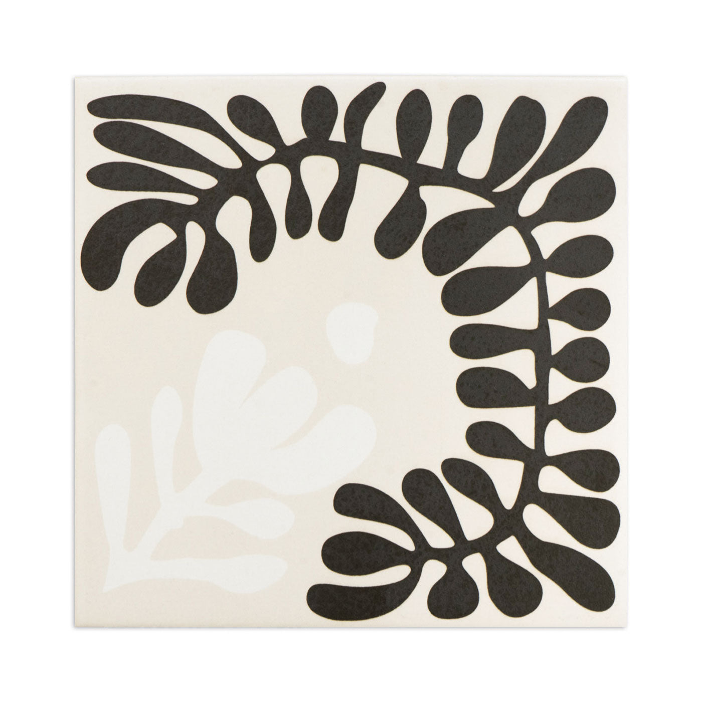Tile sample with a black stylized leaf pattern by Clay Imports, featuring a white botanical design on beige.