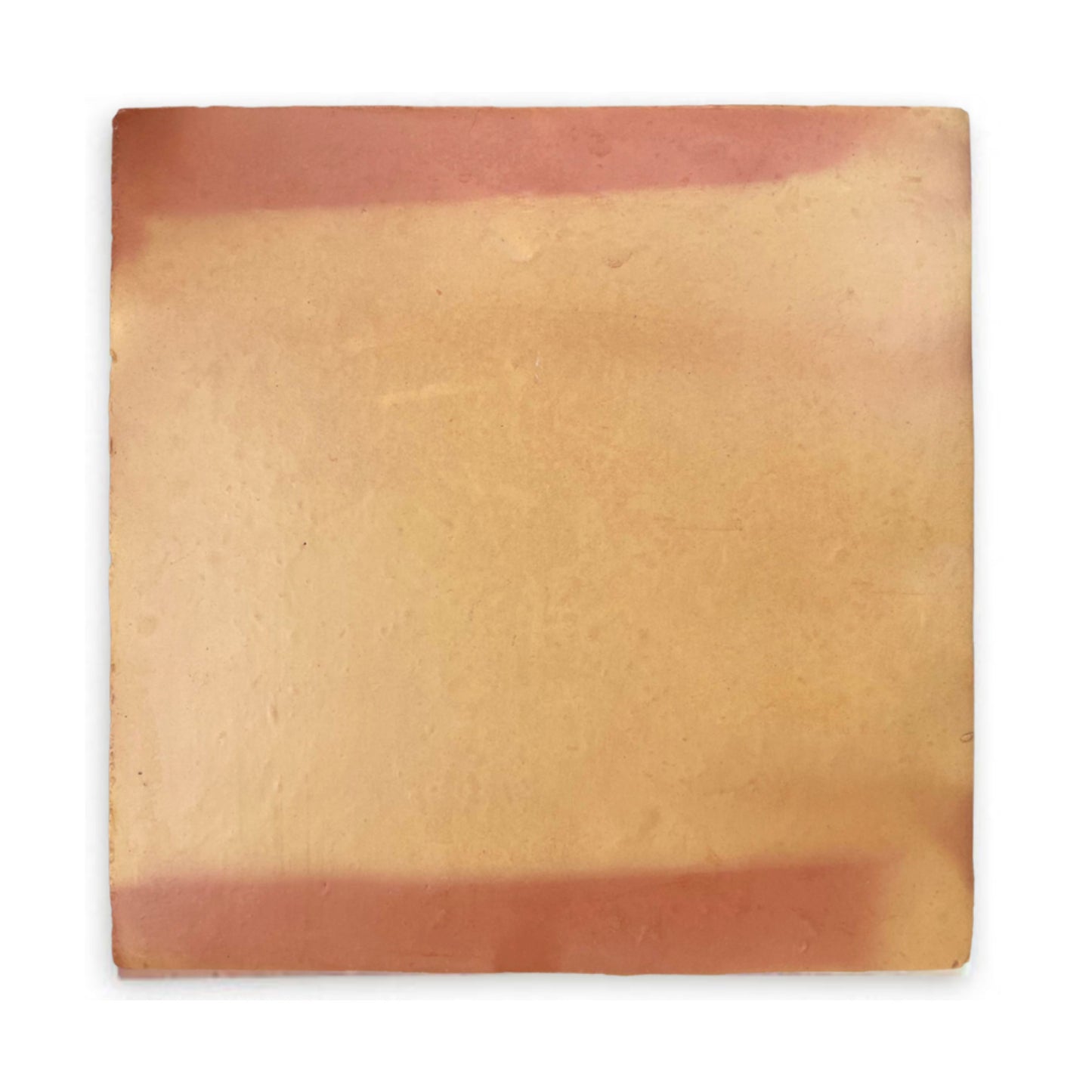 Smooth satin tile sample by Clay Imports, light brown with reddish-brown bands on top and bottom.