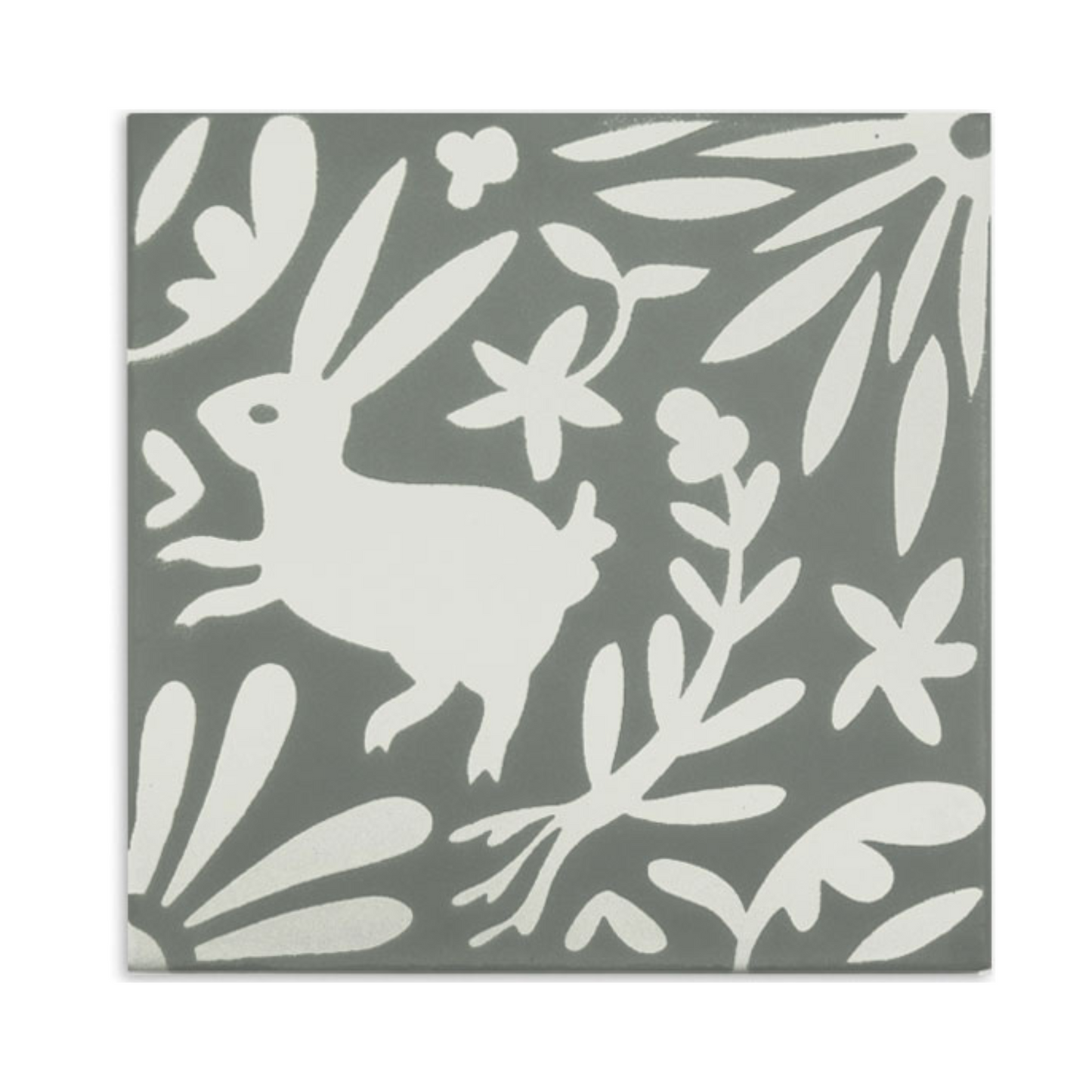 Grey and white rucksack by Clay Imports with a white rabbit and botanical pattern.