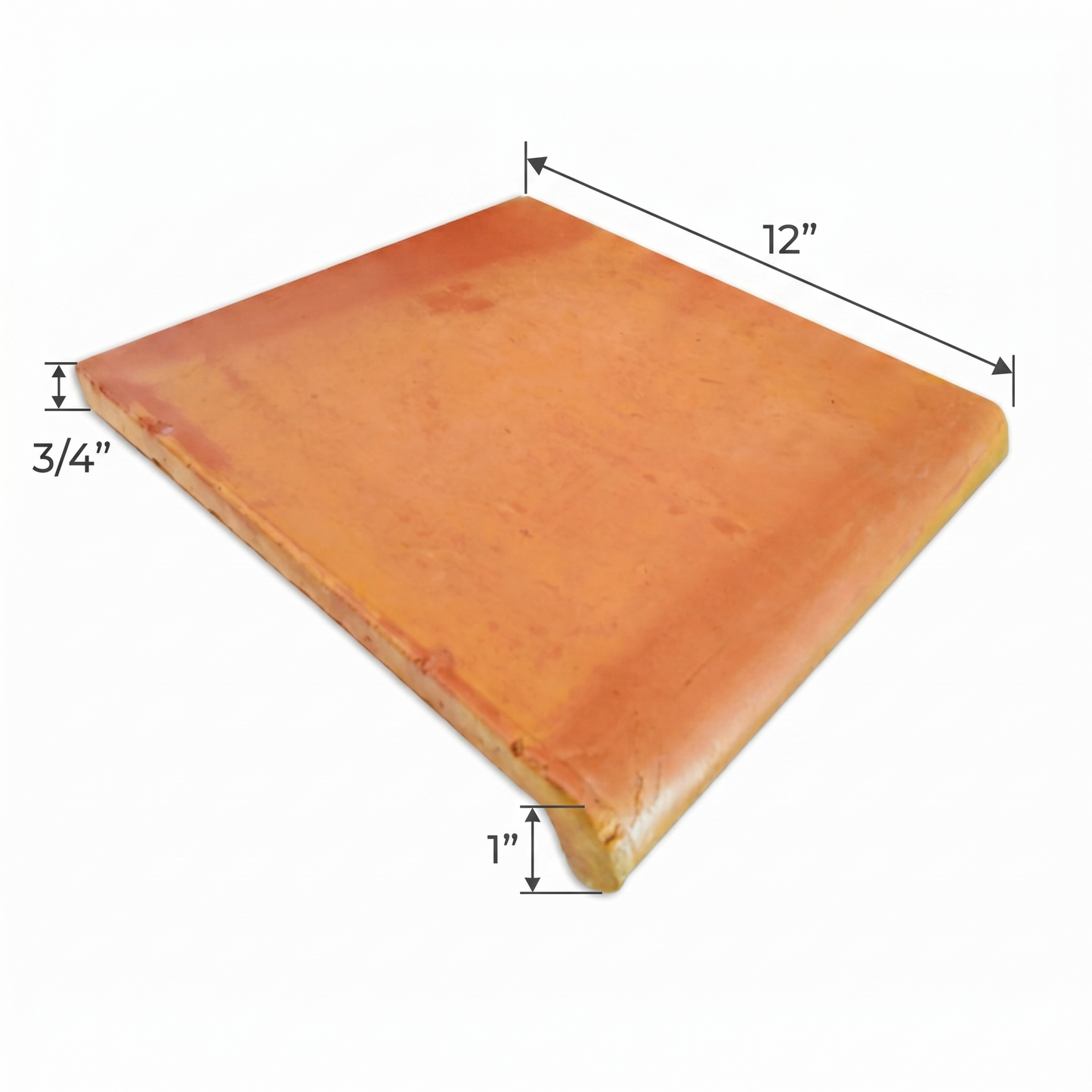 Natural terracotta coping trim by Clay Imports, 12x12 inch with a smooth satin finish and visible 3/4 and 1 inch thickness.