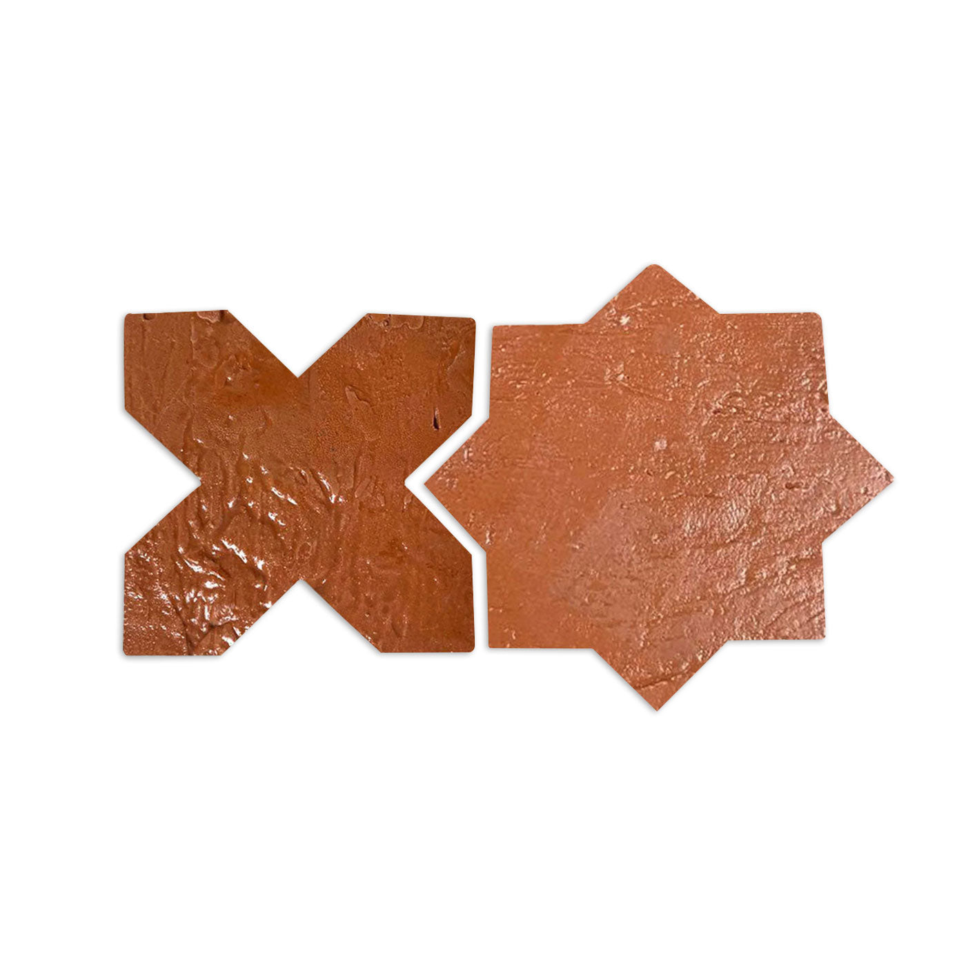 Antique Gloss Star & Cross sample tiles by Clay Imports, reddish-brown and textured, with one cross and one 8-point star shape.