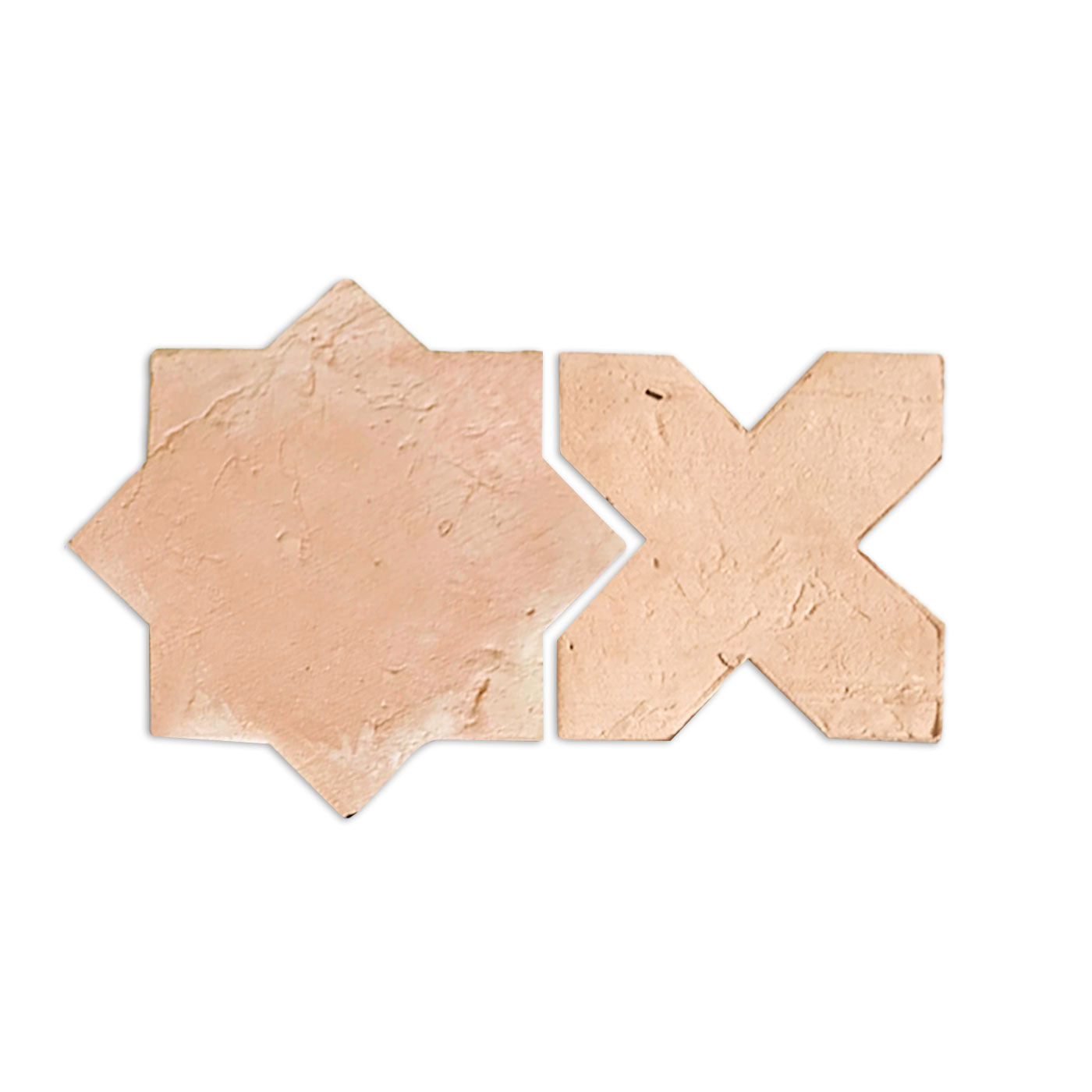 Two antique matte star and cross terracotta sample tiles by Clay Imports, with a rustic, textured light reddish-brown surface.