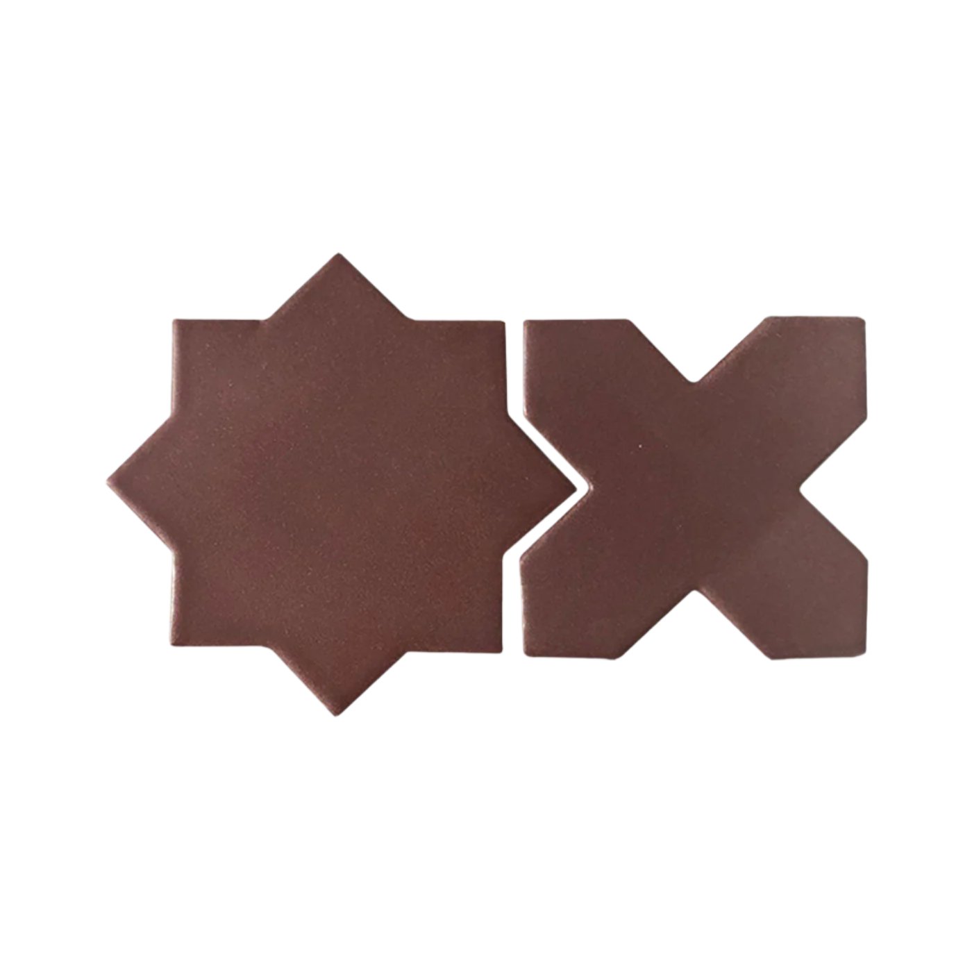 Saddle brown star and cross clay tiles by Clay Imports with a matte finish on a white background.