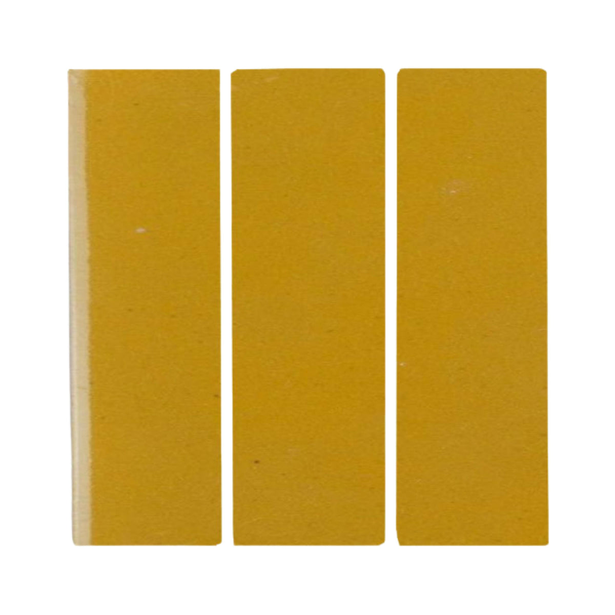 Three mustard yellow rectangular clay pieces from Clay Imports with subtle surface texture, standing upright.