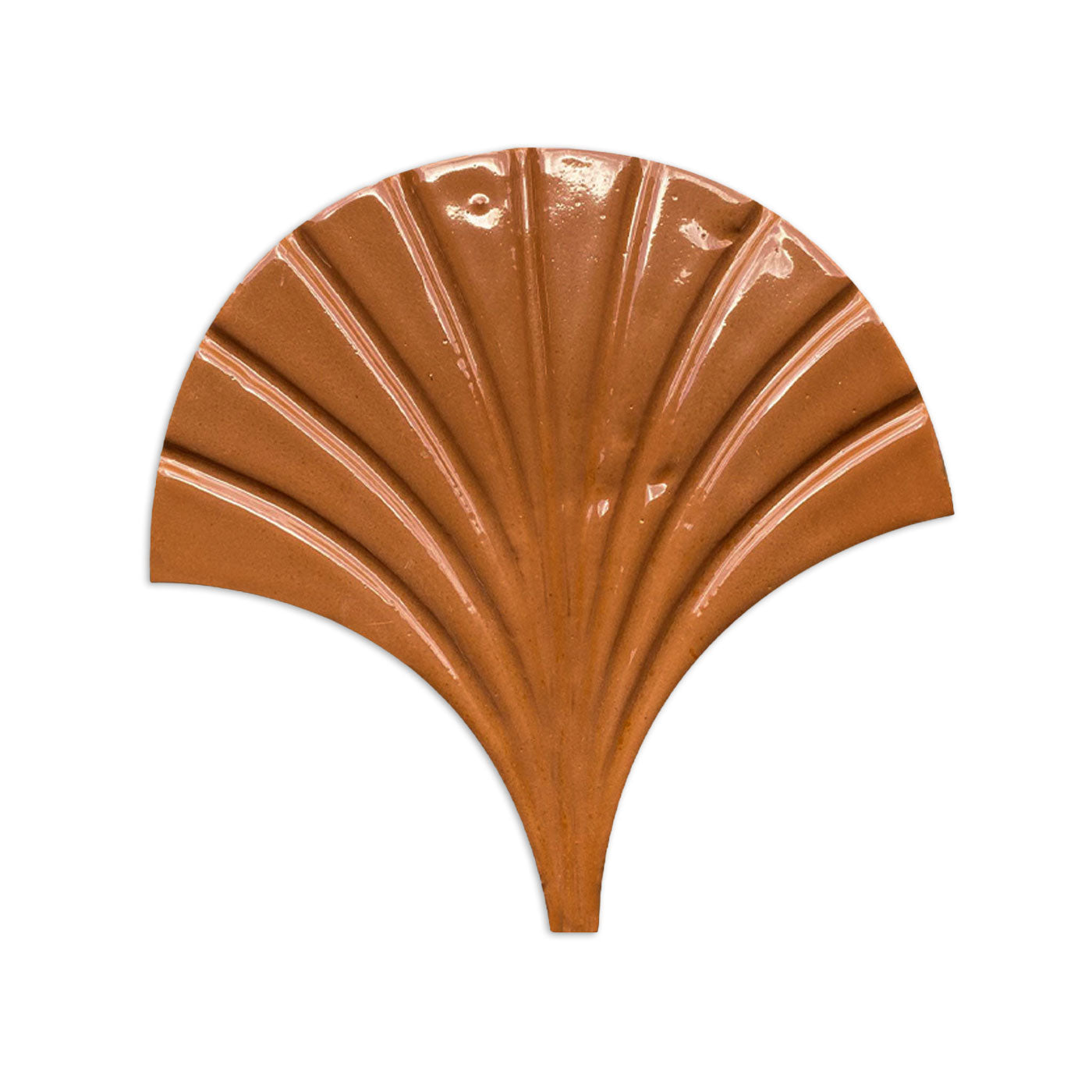 Adobe-colored fan tile sample by Clay Imports with a glossy finish and ribbed design.
