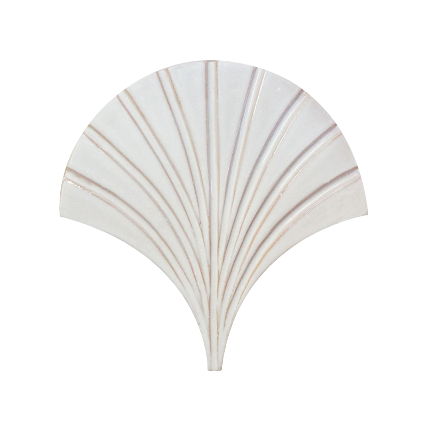 White fan-shaped Tide Perla Gloss 6 tile sample by Clay Imports with subtle raised vertical ribs.