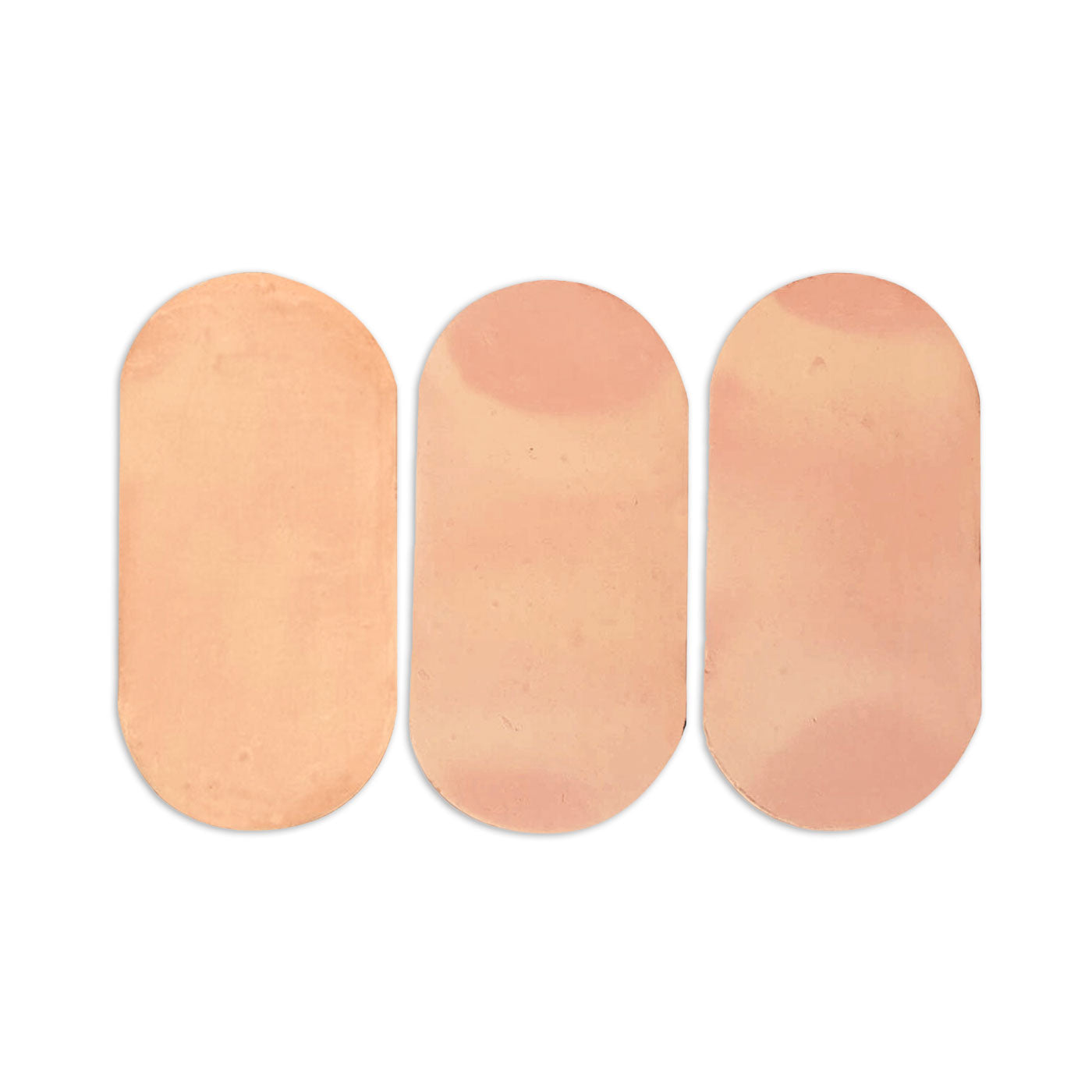 Three terracotta-hued, smooth matte, elongated oval tile samples by Clay Imports, showing subtle peach and tan color variations.
