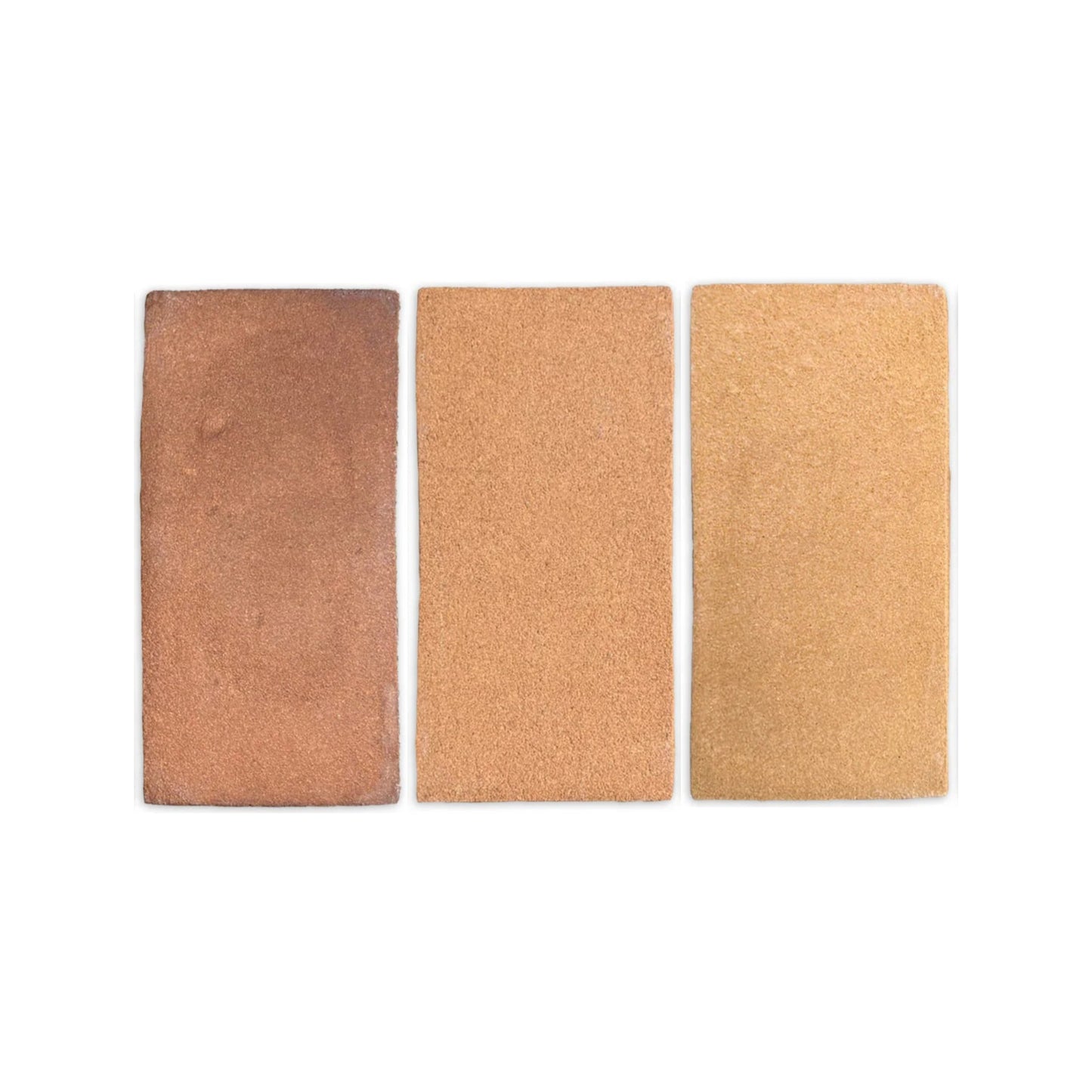 Three rectangular Ember Cotto samples from Clay Imports in varying shades, displaying a rough, granular texture.