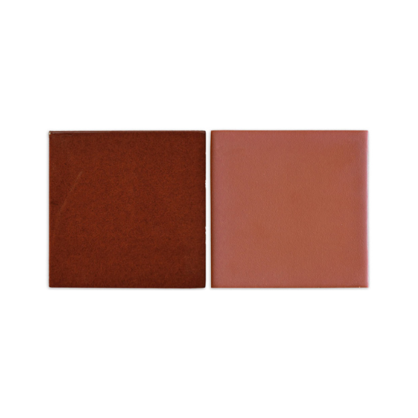 Two square sample tiles, one dark brown with a textured surface and one smooth terracotta, by Clay Imports, positioned side-by-side on a white background.