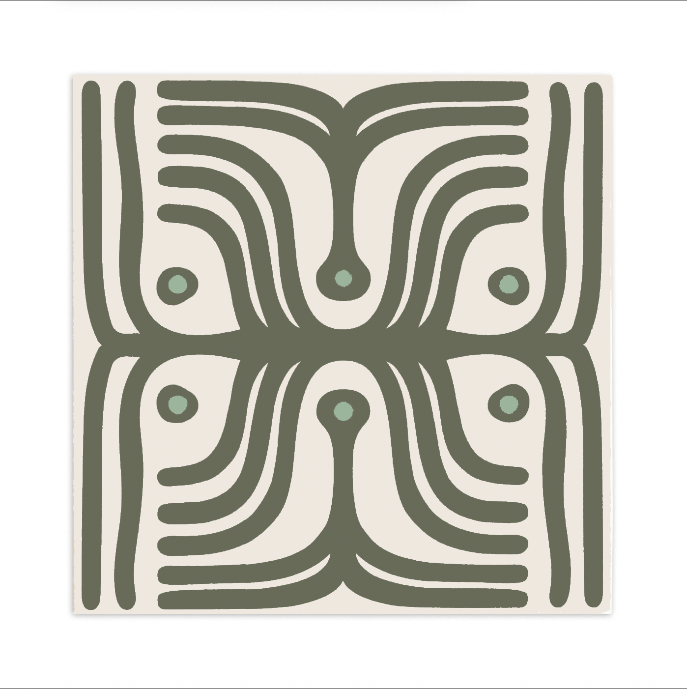 Light beige Pattern Tile by Clay Imports with olive green abstract, symmetrical, organic lines and small green dots.