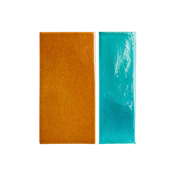 Brown and turquoise rectangular tile samples by Clay Imports, both with a crackle finish, displayed side by side.