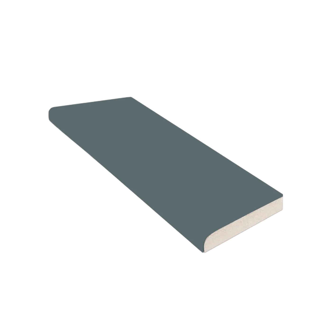 Dark blue-green Subway Single Bullnose Solid Tile Trim by Clay Imports with a rounded long edge and exposed light clay core.