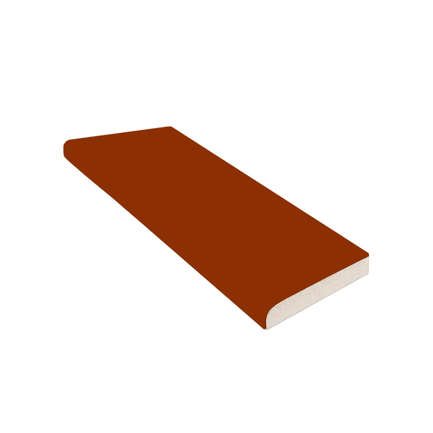 Single bullnose tile in a root beer gloss finish by Clay Imports, showing a rounded edge and visible light beige core.