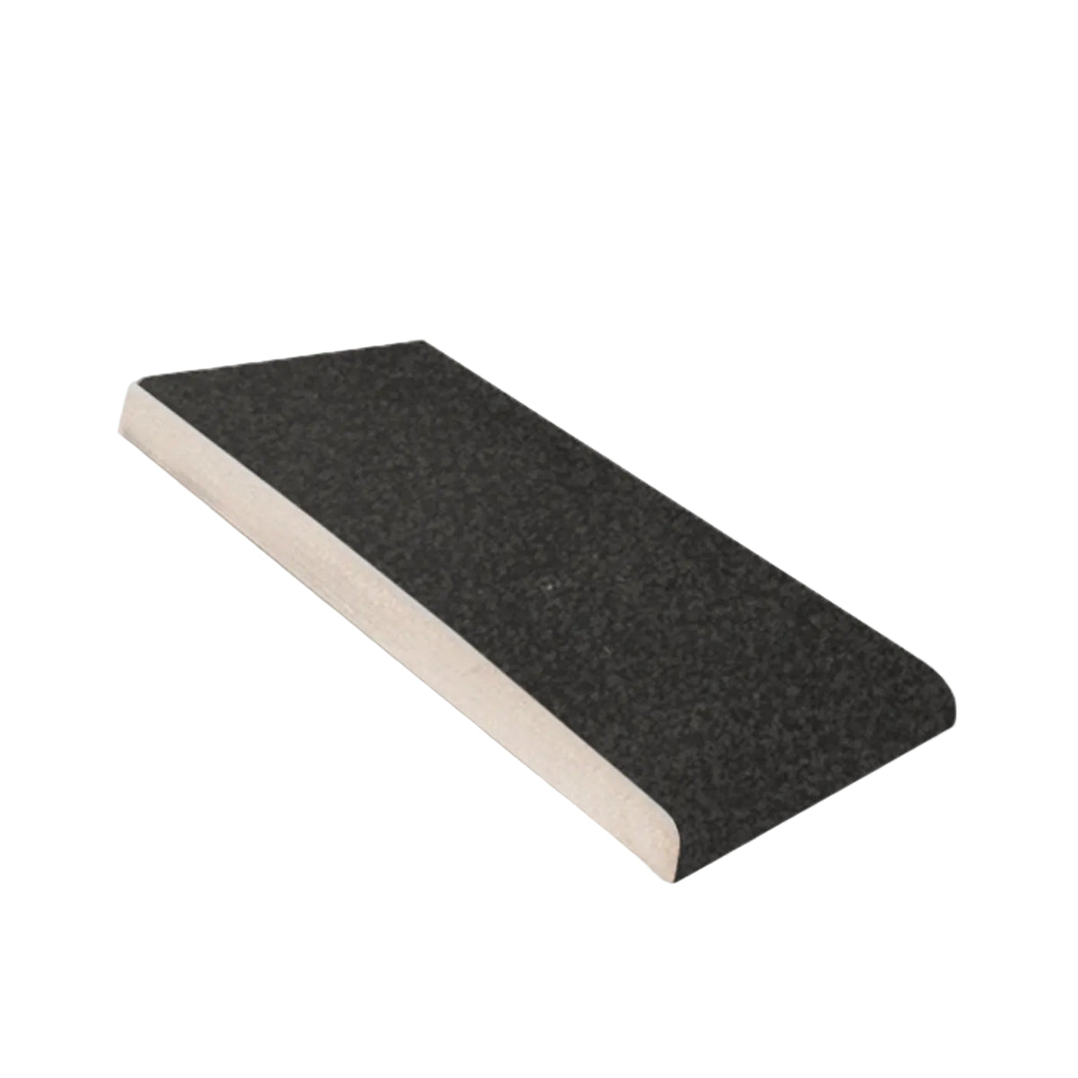 Black suede solid tile trim by Clay Imports, with a rounded bullnose edge and light side profile, angled.