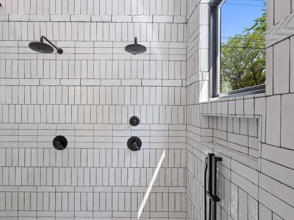 Bathroom shower with white brick tile clay imports