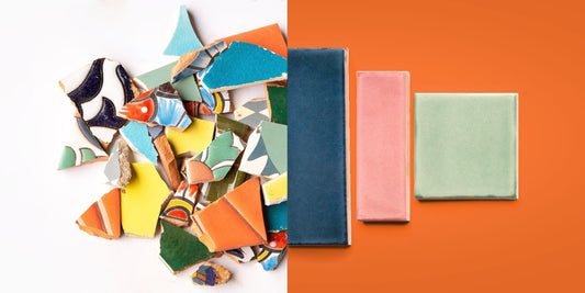 Colorful broken tile pieces alongside sleek new clay tiles, illustrating the beauty of recycled materials.