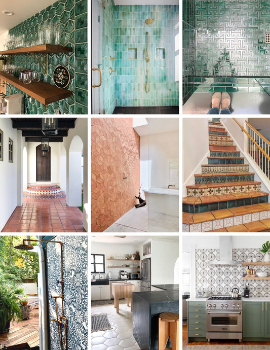 A collage of nine popular Clay Imports tile projects, featuring diverse patterns, colors, and applications.