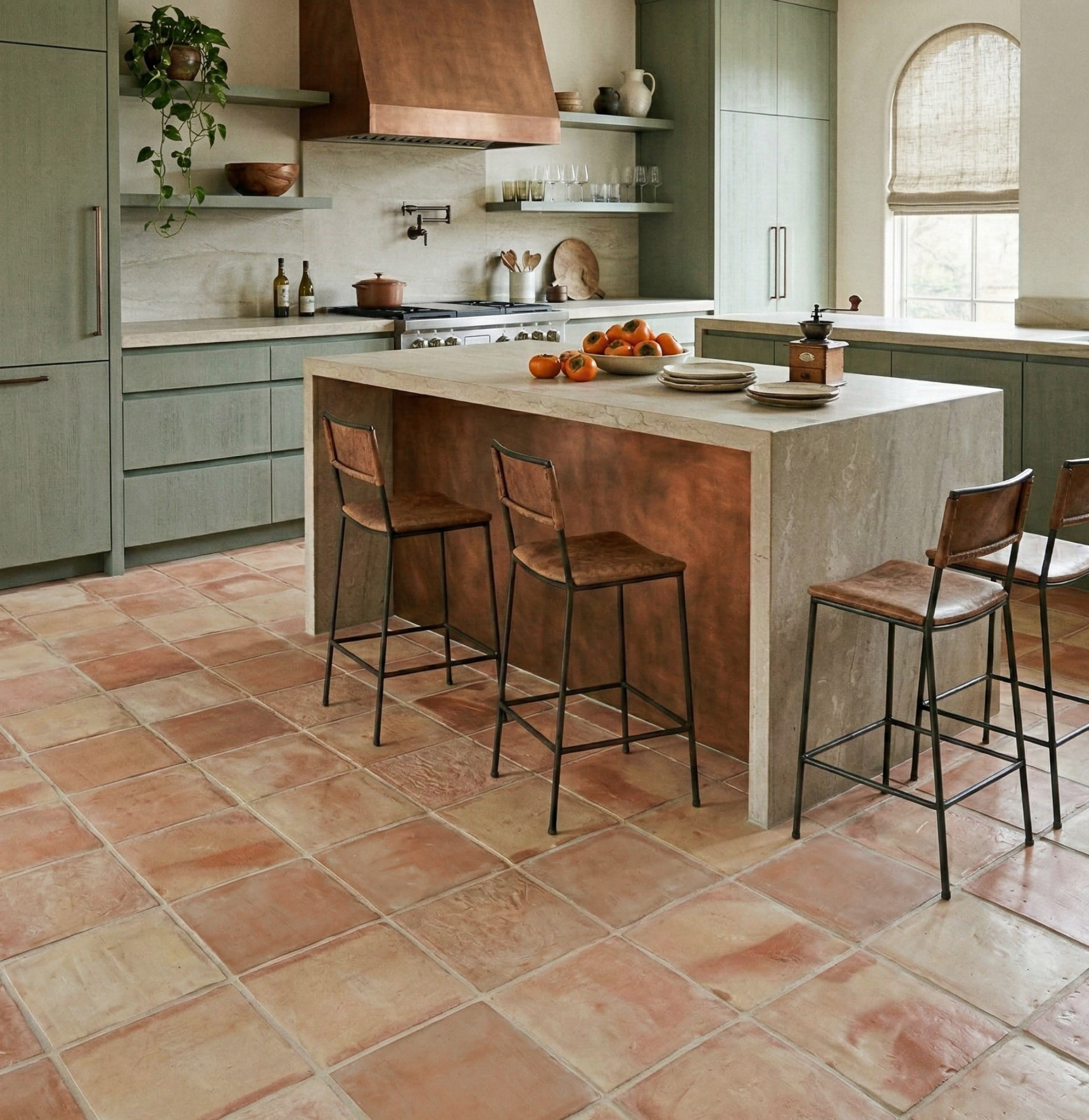 A warm and inviting modern rustic kitchen showcasing textured terracotta floor tiles, sage green cabinetry, and a concrete island.