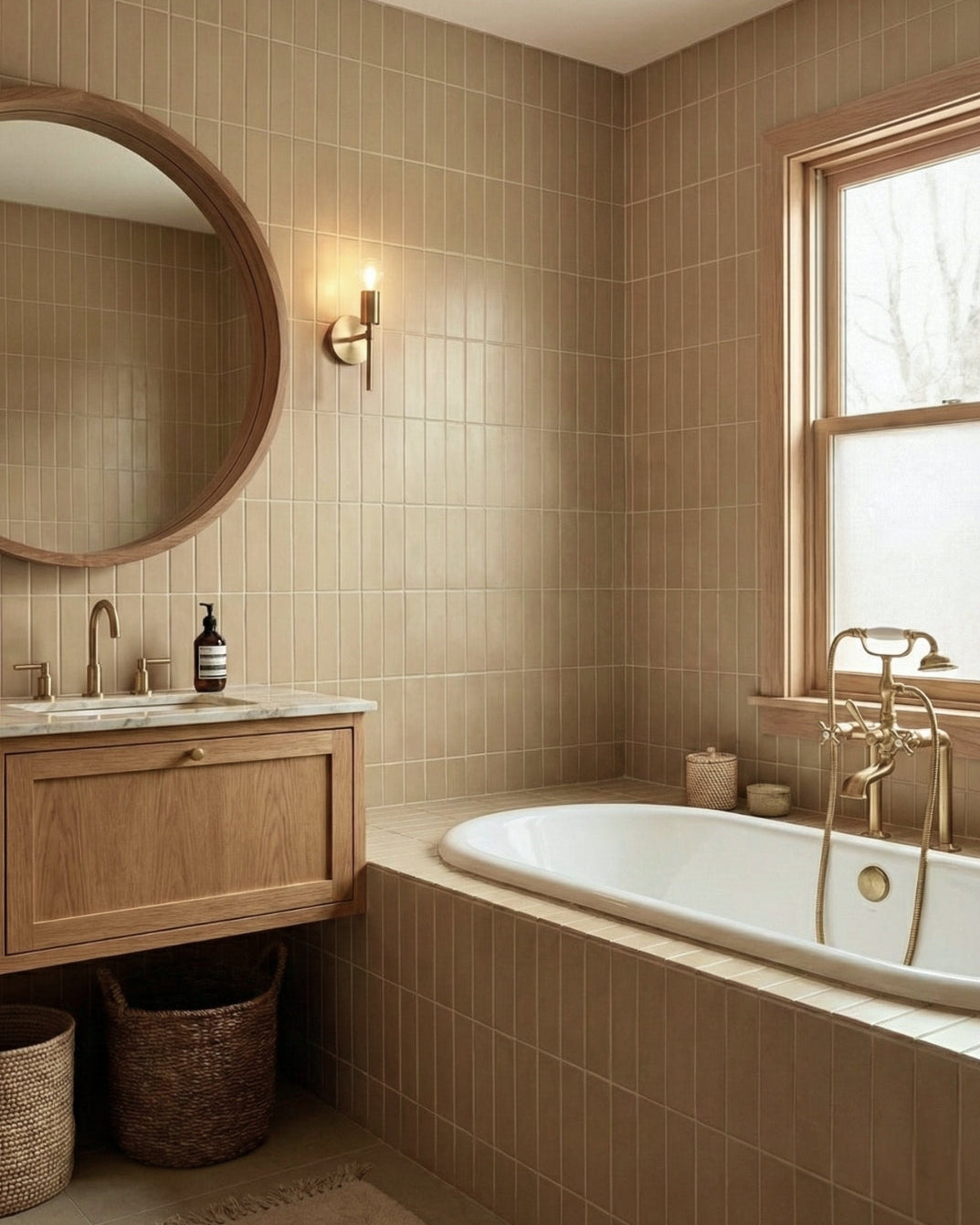 Warm, natural bathroom with distinctive vertical 'Fence Post' tiles, a wood vanity, and sophisticated brass fixtures.