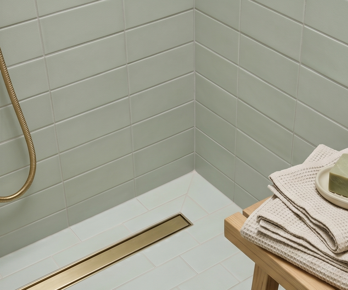 Light green matte rectangular solid tile by Espadin, installed in shower corner with white grout, gold linear drain, and beige waffle towels on wooden stool.