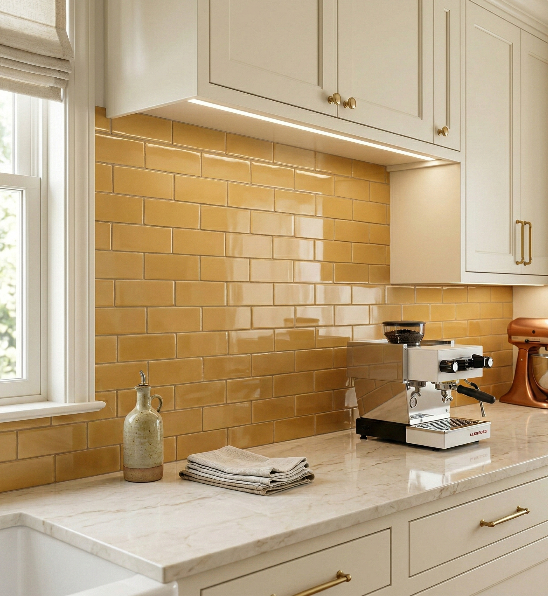 Cheerful kitchen with glossy yellow subway tiles, light cabinets, and marble counters, showcasing modern brass accents and appliances.