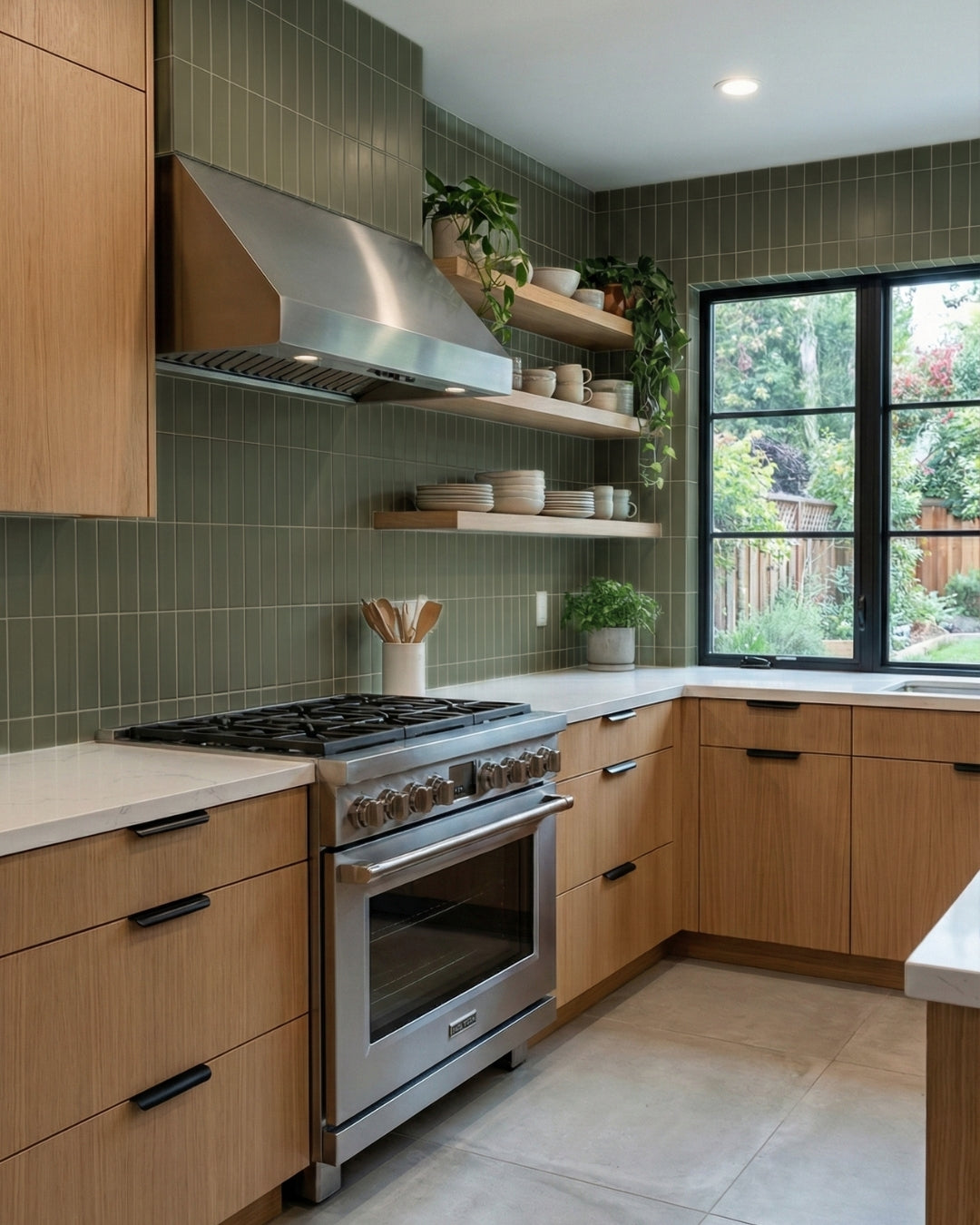Modern kitchen featuring a striking sage green tile backsplash, warm wood cabinets, and sleek stainless steel, defining a robust, contemporary aesthetic.