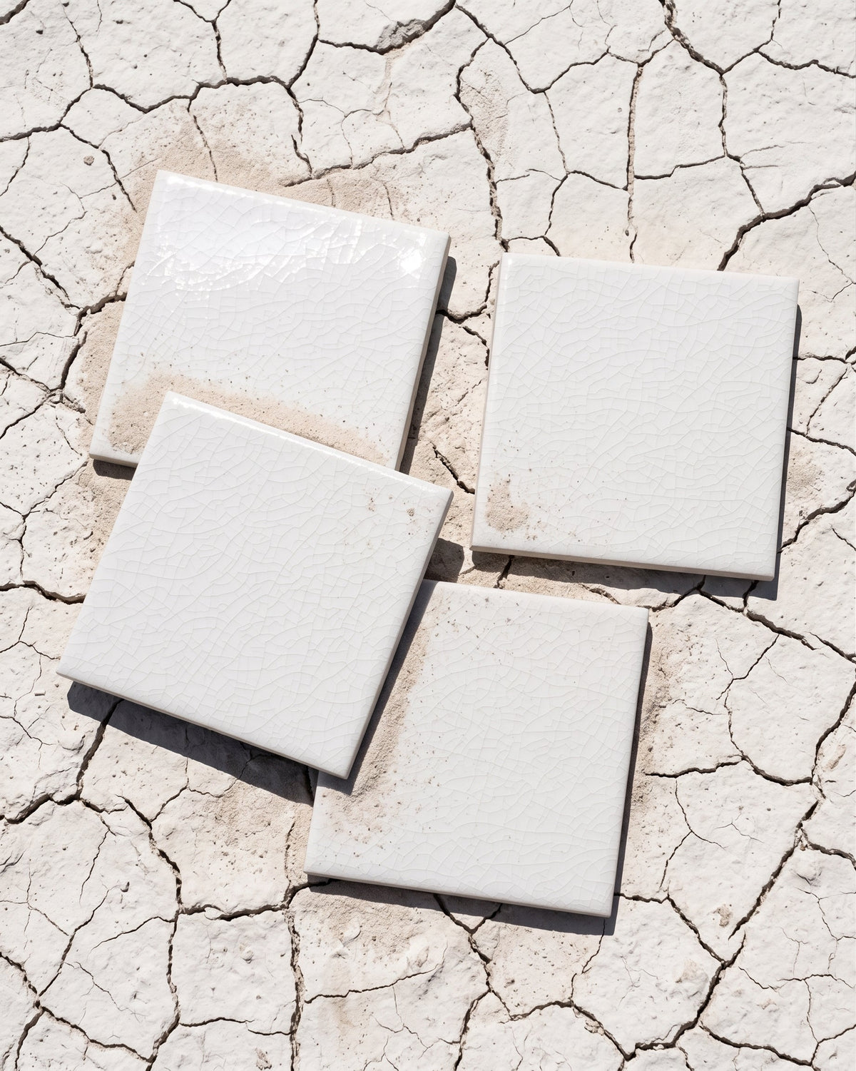 White crackle gloss square solid tiles by Clay Imports, arranged in a cluster on a dark background.
