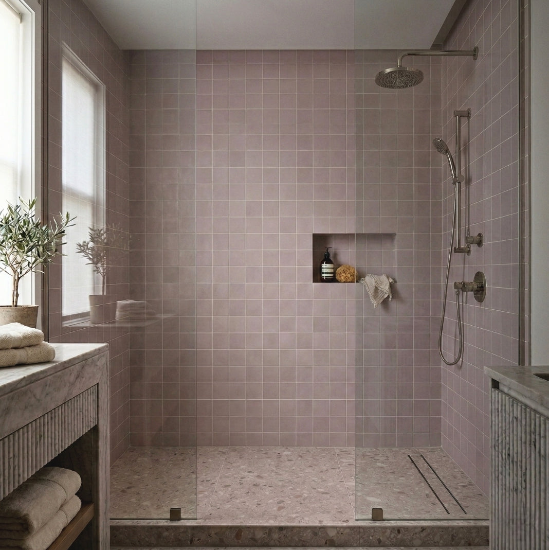 A serene lavender-tiled bathroom with a terrazzo floor, marble vanity, and modern shower, showcasing tranquil bath products.