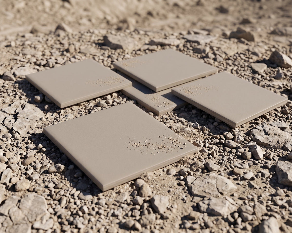 Coyote Matte solid tiles by Clay Imports, arranged in an overlapping pattern on a light textured background.