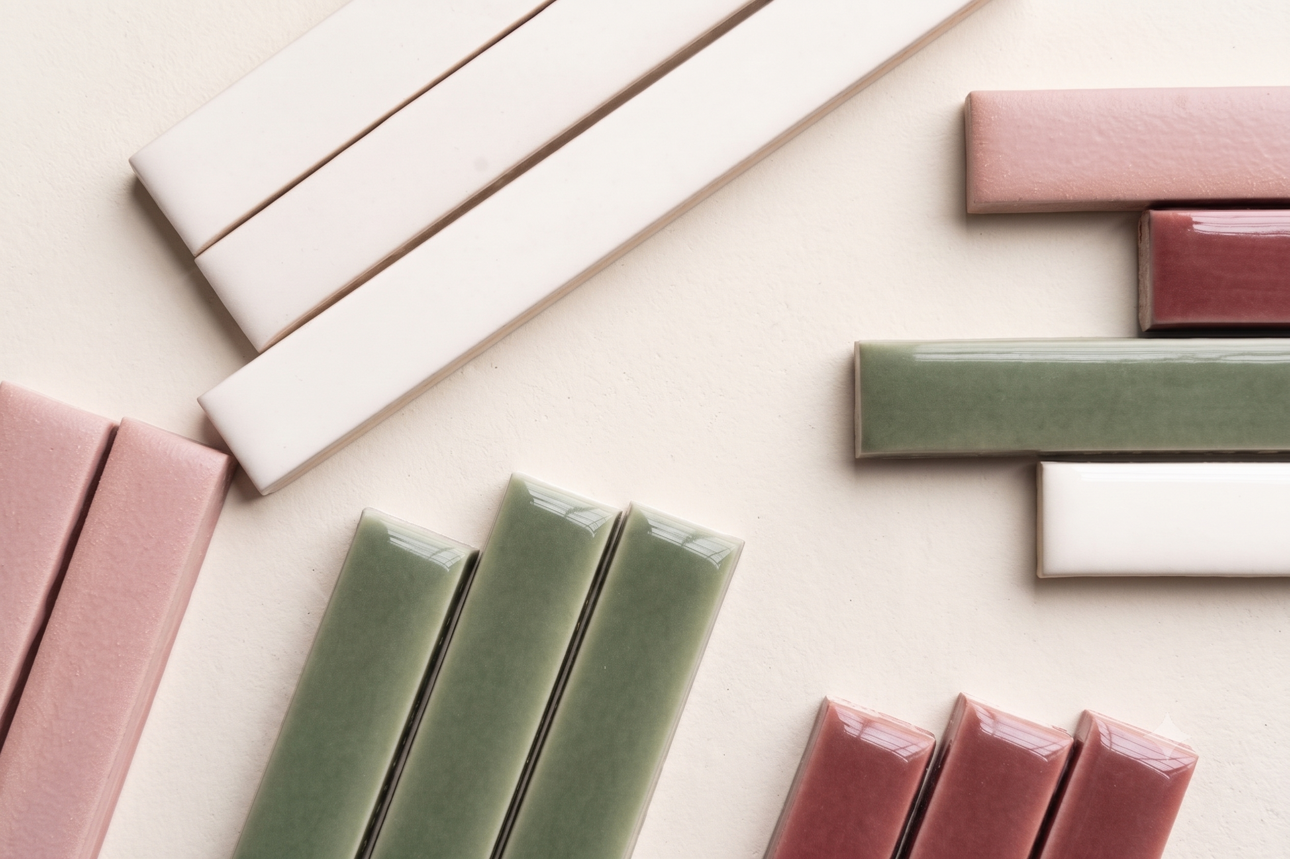 Rich, glossy terracotta brick-style trim tiles with textured grout, evoking a warm, desert-inspired contemporary design.