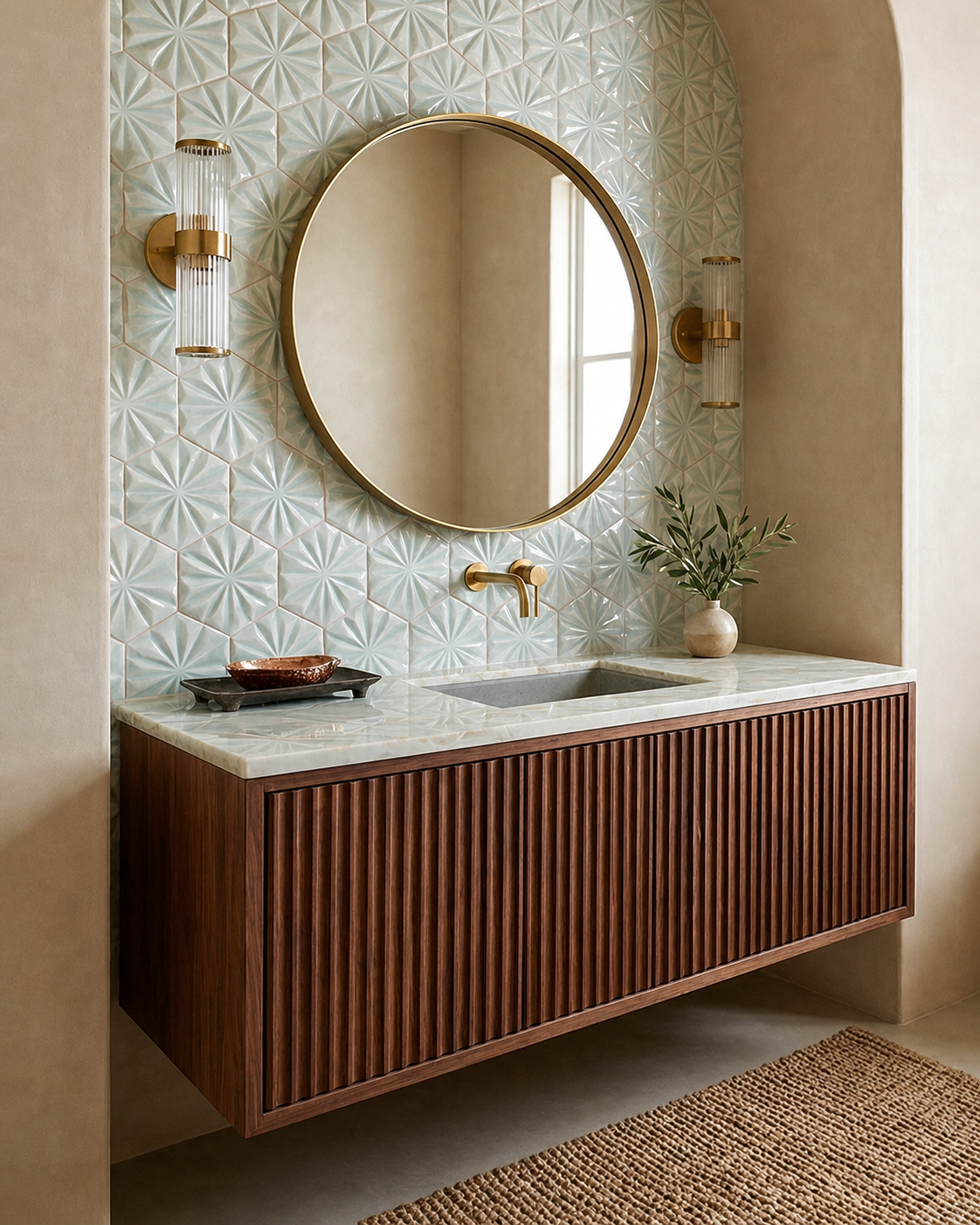 A tranquil bathroom with a floating fluted wood vanity, round brass mirror, and textured pale blue geometric tiles.