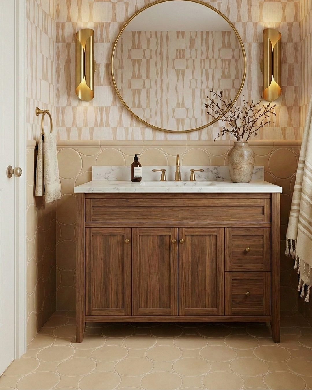 Serene bathroom design with a warm wood vanity, brass accents, organic patterns, and natural twig decor, evoking tranquil style.