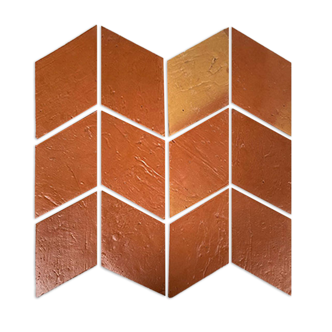 Diamond-shaped Antique Satin terracotta tiles by Clay Imports, in orange and golden hues, arranged in a chevron pattern.