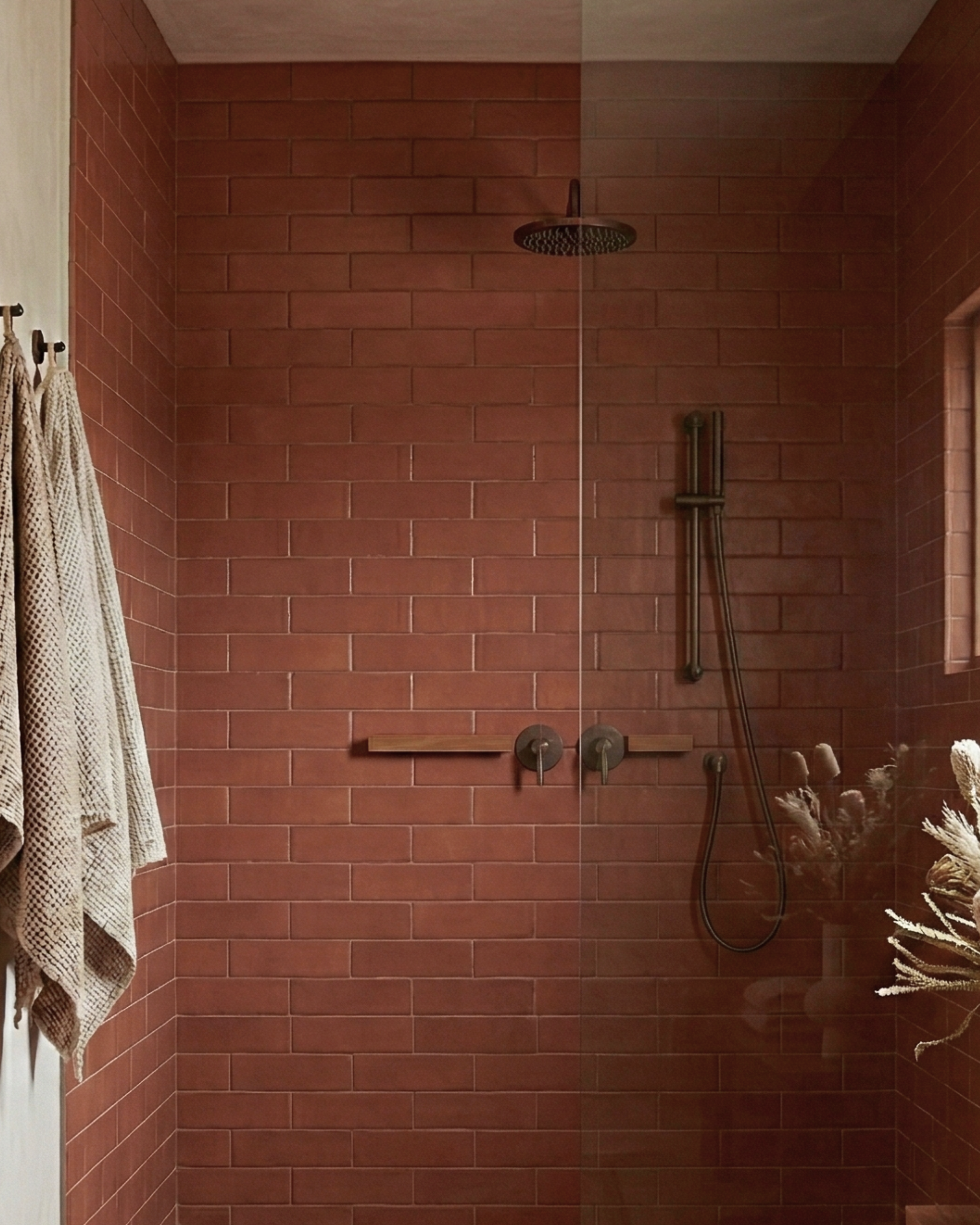 Inviting shower space with rich terracotta subway tiles, dark fixtures, and cozy natural textures for an elemental retreat.