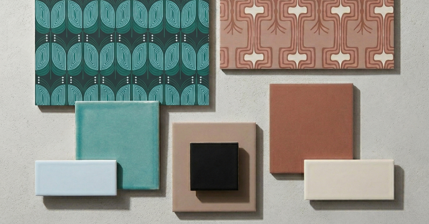 Curated sample bundles of vibrant botanical and geometric wallpapers with complementing ceramic tiles in teal, terracotta, and neutrals.
