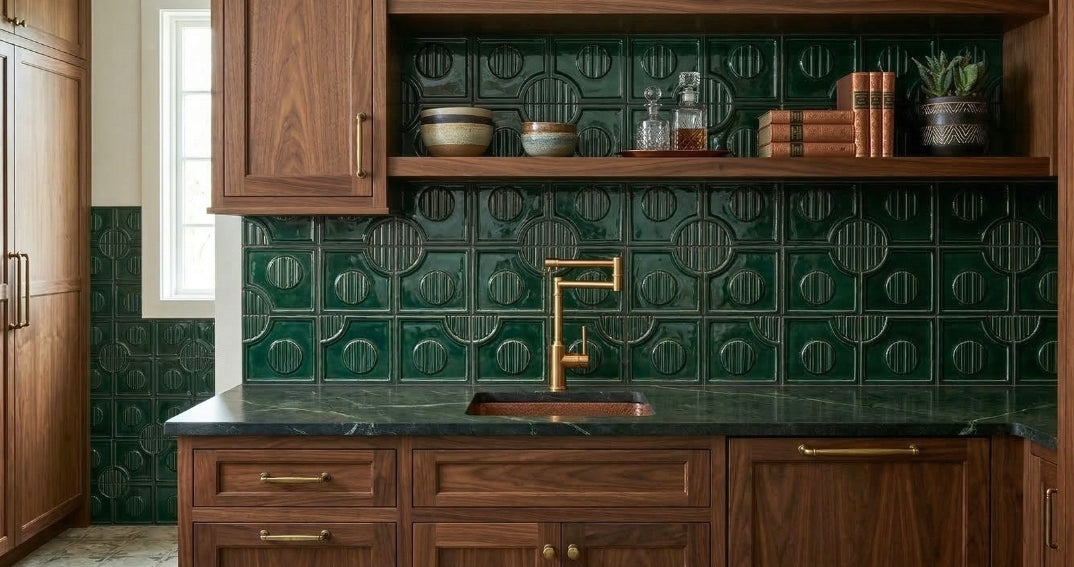 Deep emerald green 3D geometric tiles complement dark wood cabinetry and brass hardware in a sophisticated, textural wet bar.