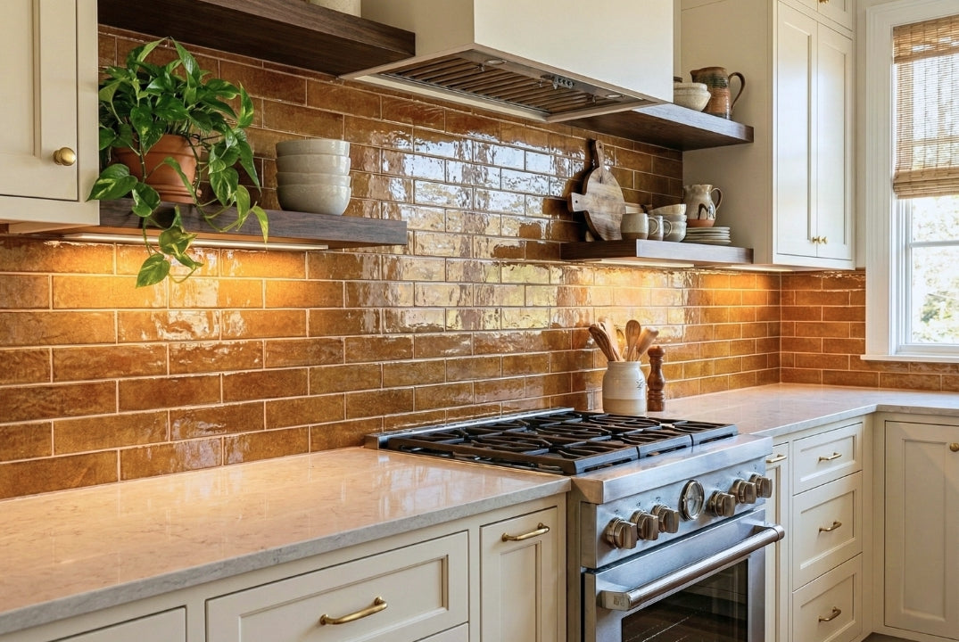 Warm and inviting kitchen with an artisanal Terra Crackle subway tile backsplash, light counters, and open shelving.