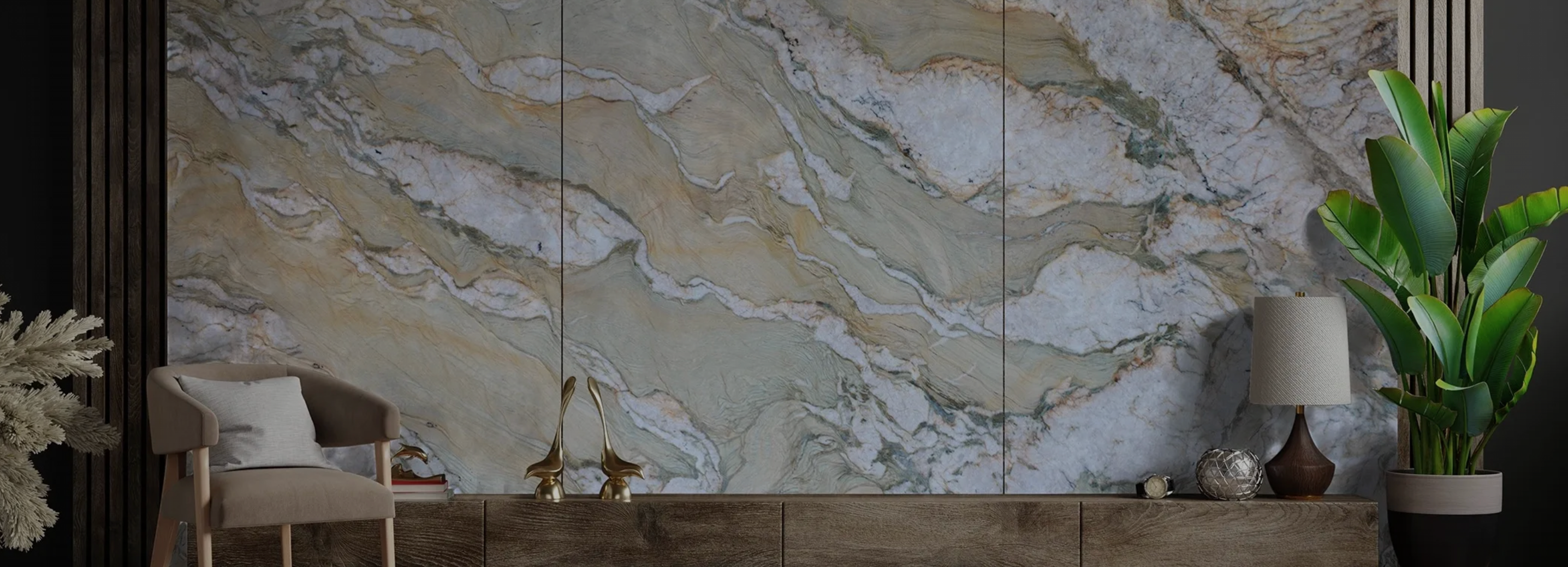 Discover unique natural stone: a lavish wall with striking green, white, and gold veins in a modern, elegant room.